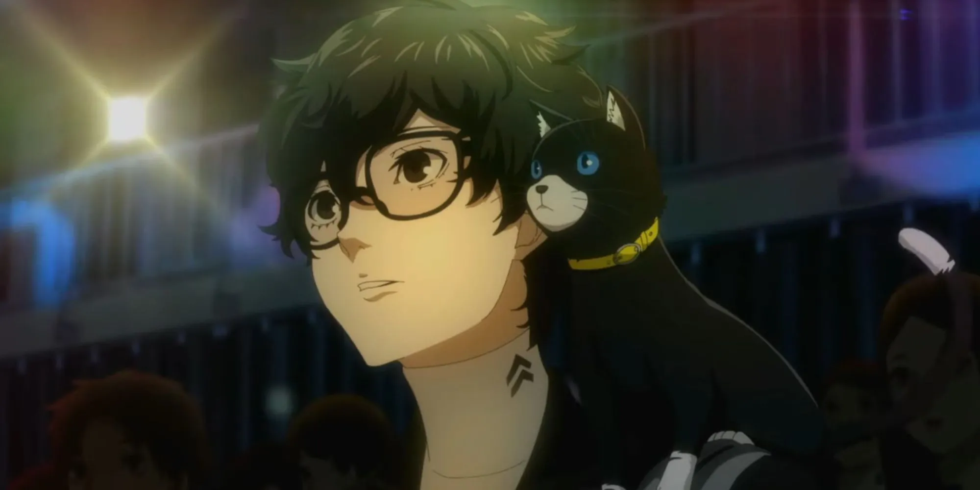Một cảnh cắt cảnh anime năng động từ Persona 5, thể hiện nhóm Phantom Thieves đang thực hiện một phi vụ hoặc chuẩn bị chiến đấu.
