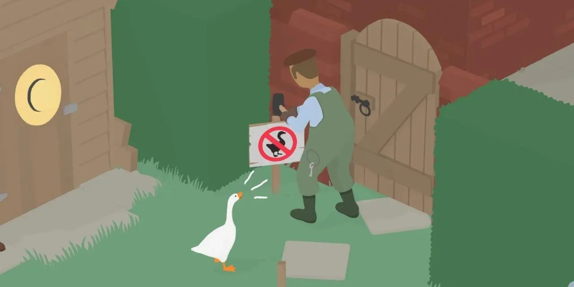 Một con ngỗng trắng nghịch ngợm kéo biển báo trong khu vườn ở Untitled Goose Game