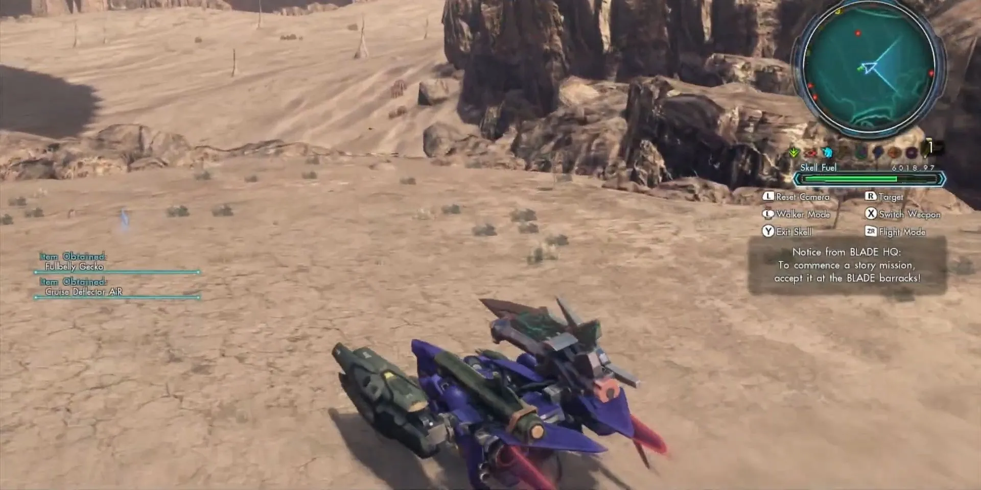 Một con Skell tên Verus đang ở chế độ phương tiện, một chiếc mô tô khổng lồ trong Xenoblade Chronicles X