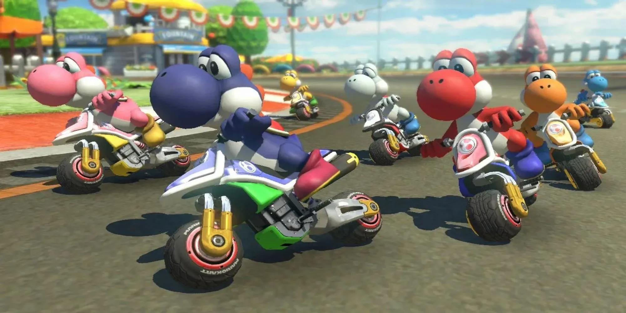 Một màn đua nhiều người chơi trong Mario Kart 8 với các nhân vật Nintendo quen thuộc