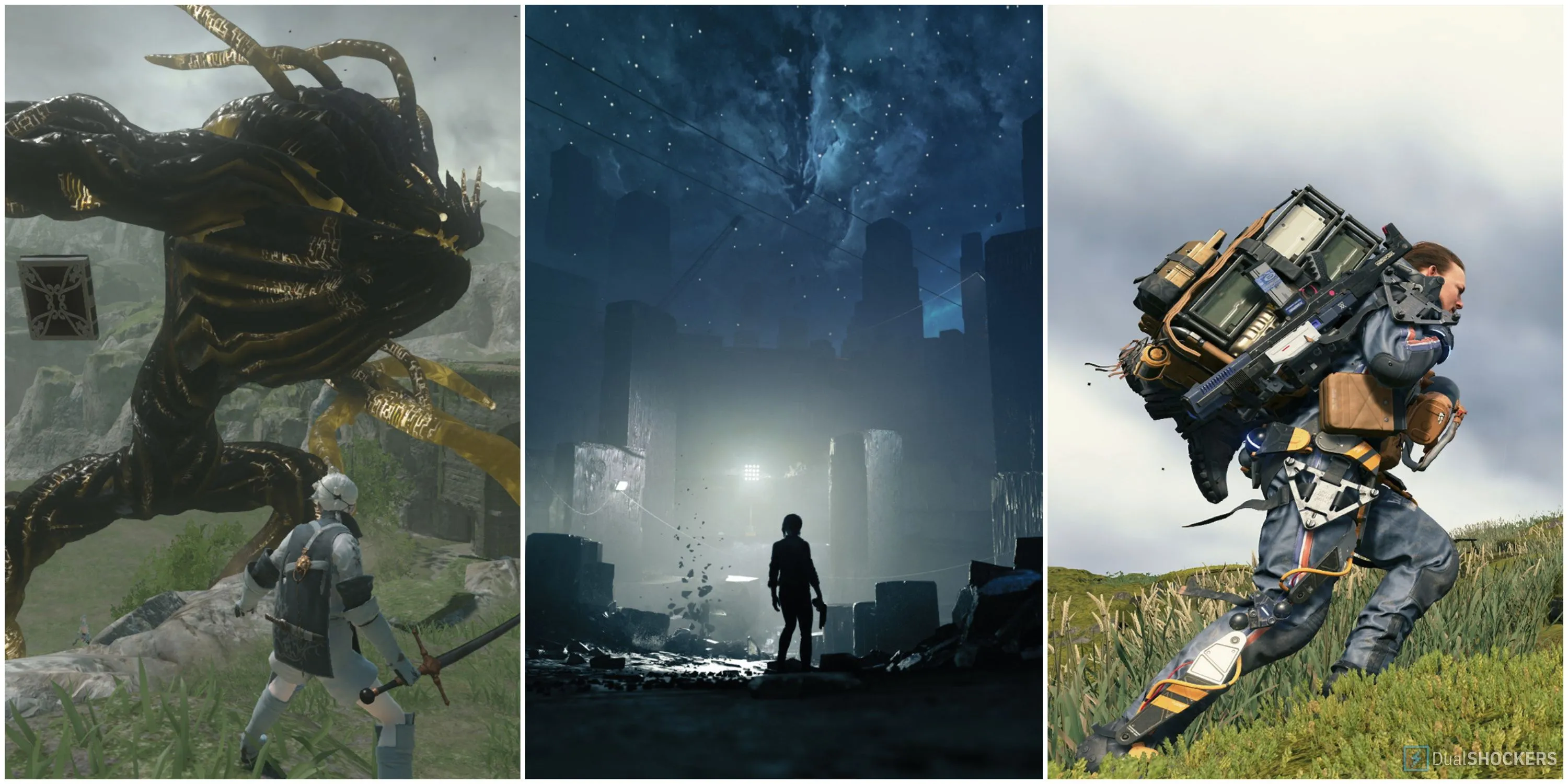 Một số tựa game thể hiện thể loại 'New Weird', bao gồm NieR Replicant, Control, và Death Stranding