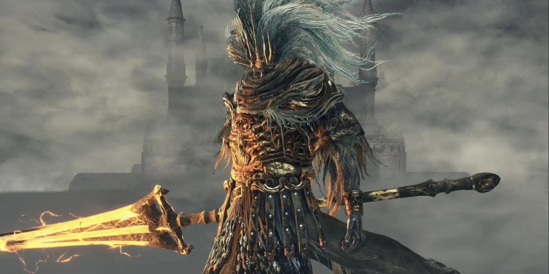 Nameless King đang nạp sét vào thanh kiếm sau khi con rồng của ông bị hạ gục trong Dark Souls 3