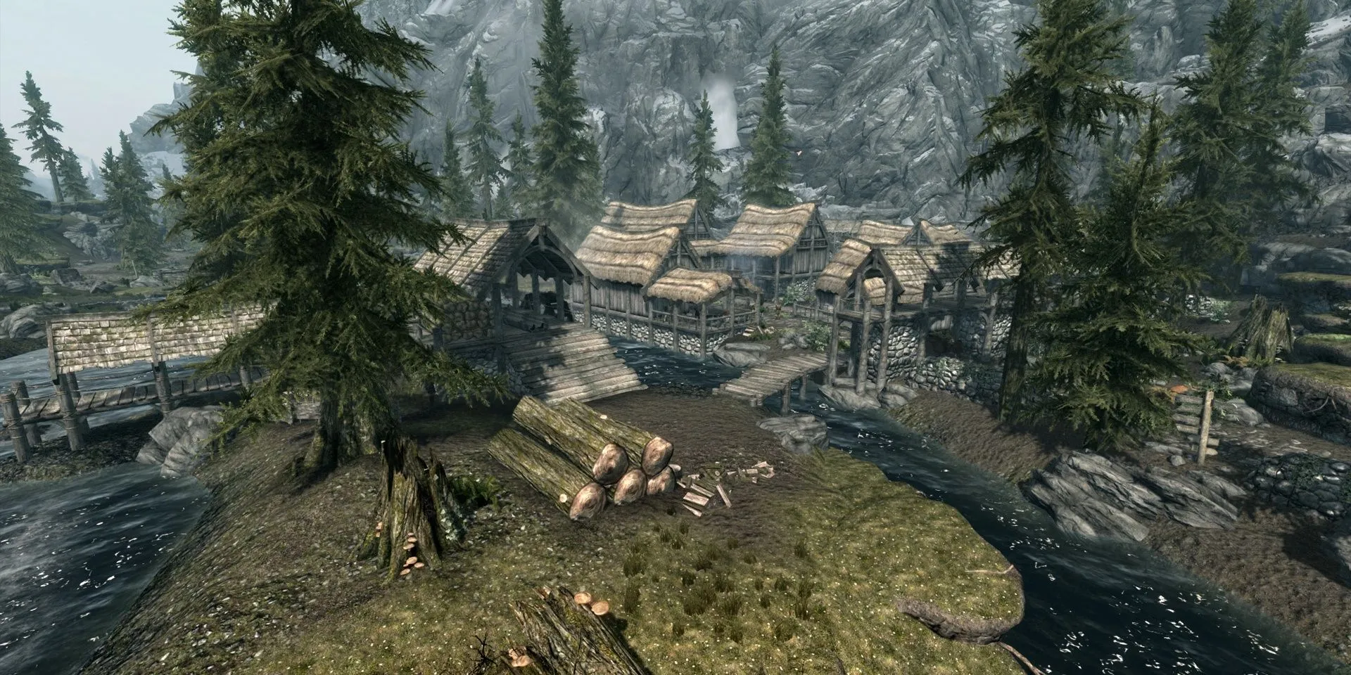 Ngôi làng Riverwood yên bình với dòng sông và nhà gỗ trong The Elder Scrolls V: Skyrim