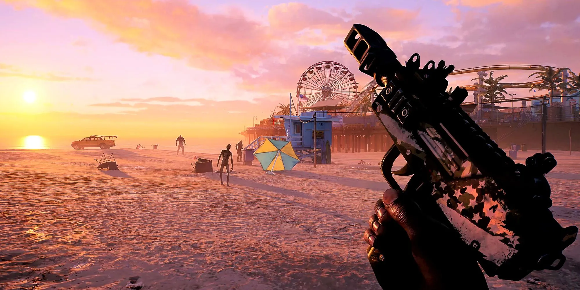Người chơi chiến đấu với zombie trên bãi biển lúc hoàng hôn trong Dead Island 2