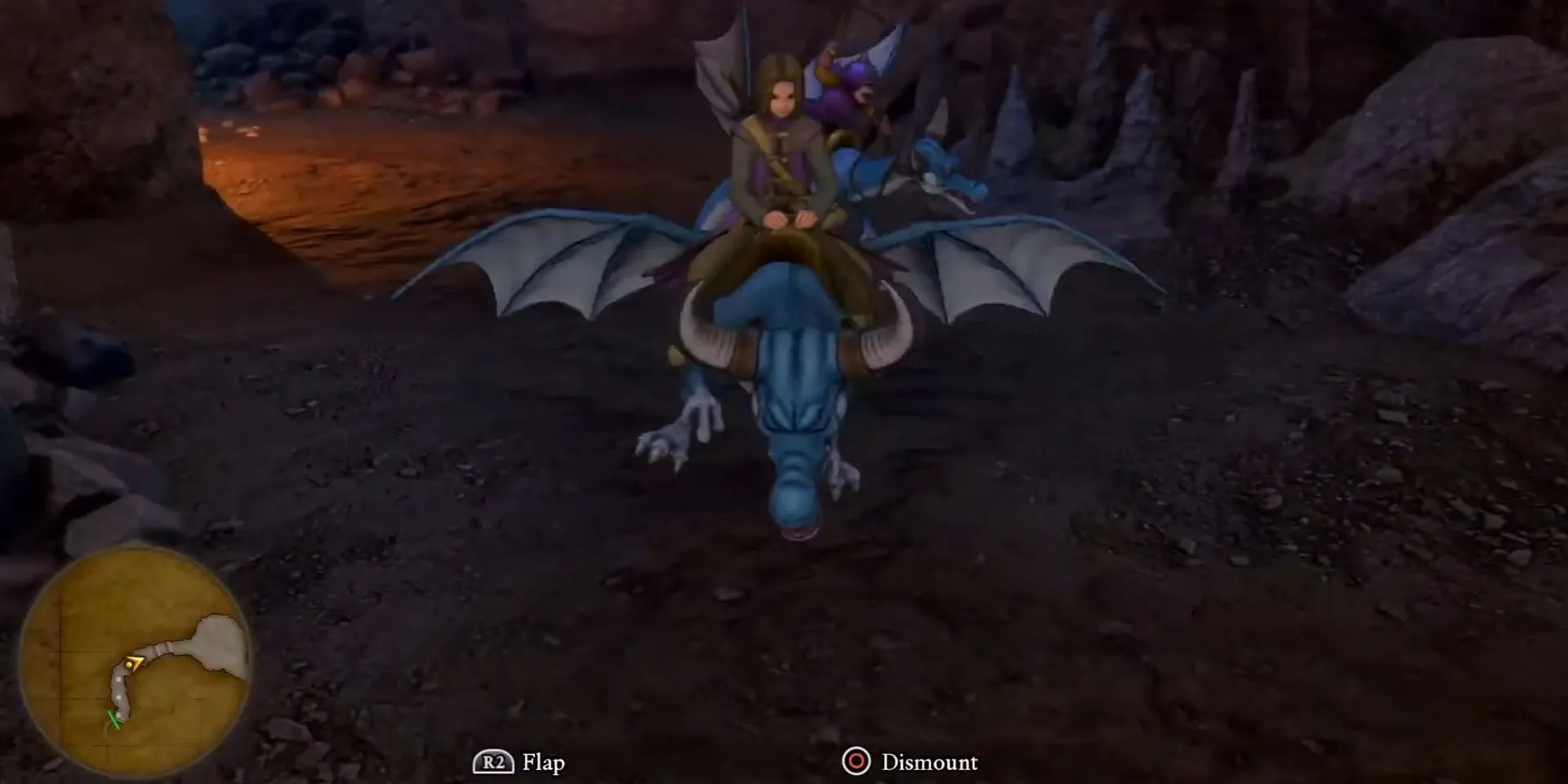 Người chơi cưỡi một con rồng xương khổng lồ, một loại thú cưỡi trong Dragon Quest 11