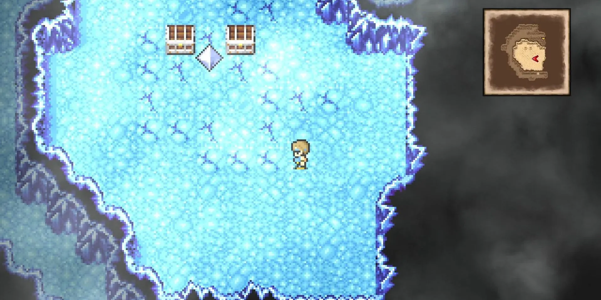 Người chơi di chuyển trong mê cung băng giá Cavern of Ice của Final Fantasy 1 Pixel Remaster