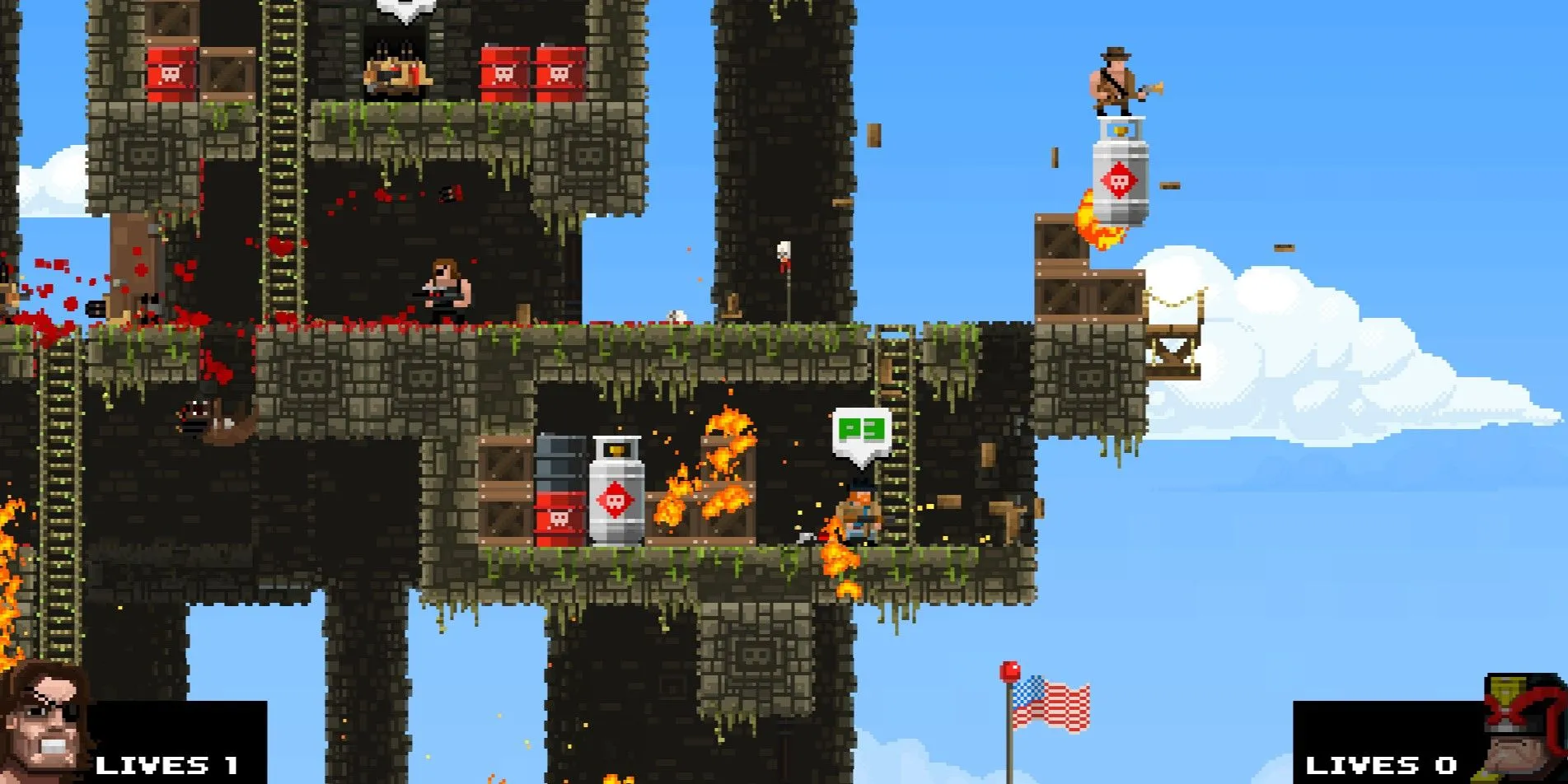 Nhân vật Broforce khai hỏa vũ khí vào kẻ địch trong một môi trường có thể phá hủy