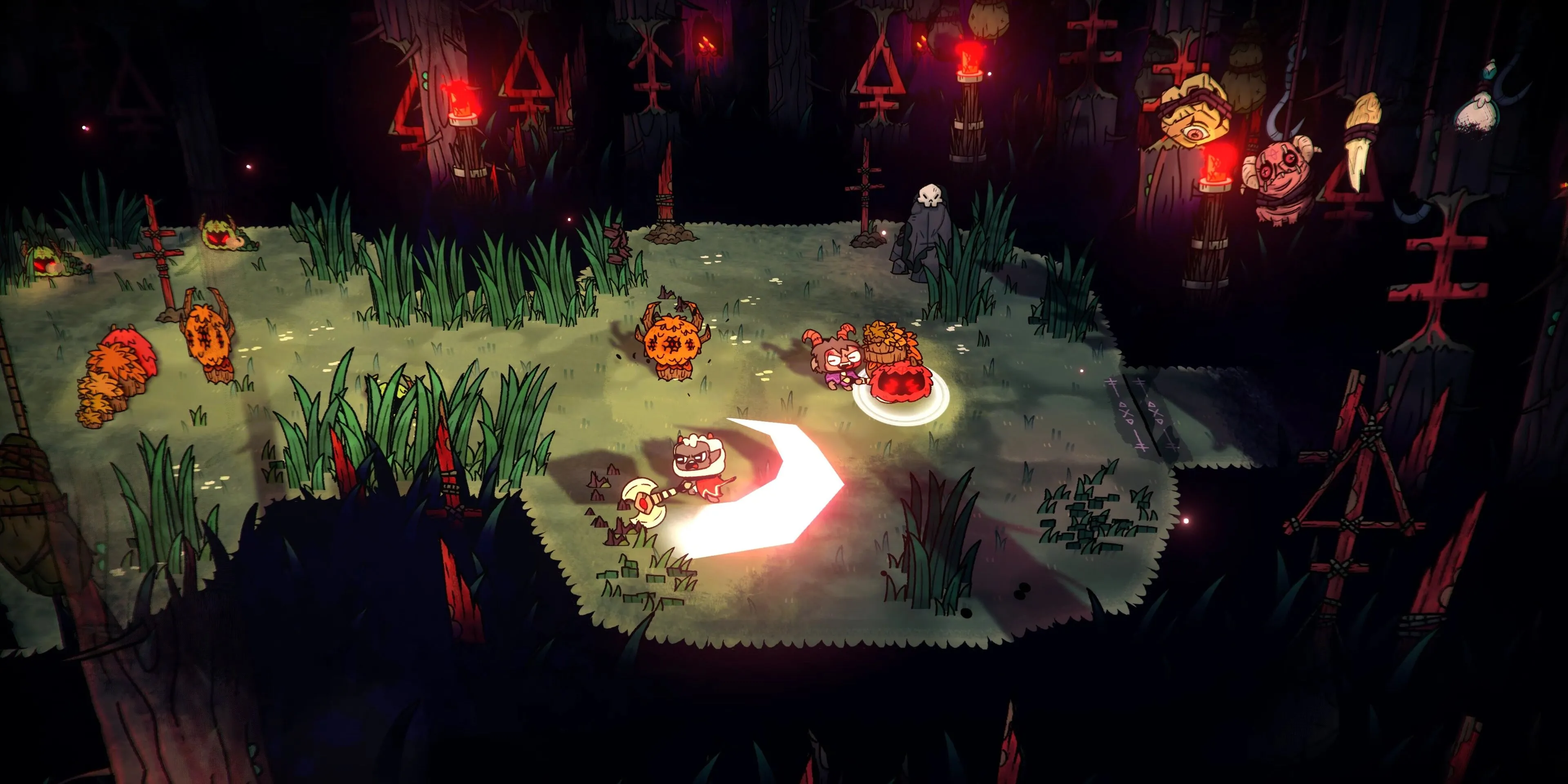 Nhân vật Chiên Con và Dê, các thủ lĩnh giáo phái, đứng cạnh nhau trong game Cult of the Lamb.