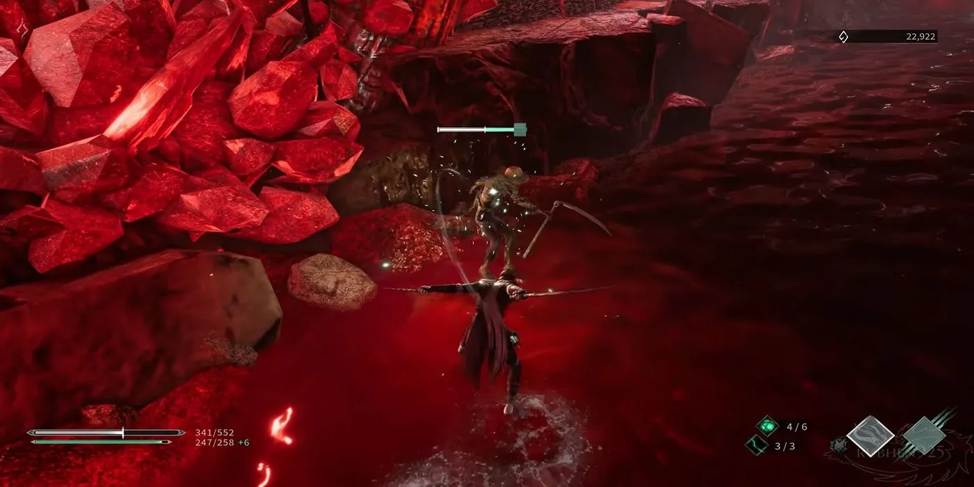 Nhân vật chính chiến đấu với kẻ thù giữa cảnh vật u ám trong game Thymesia