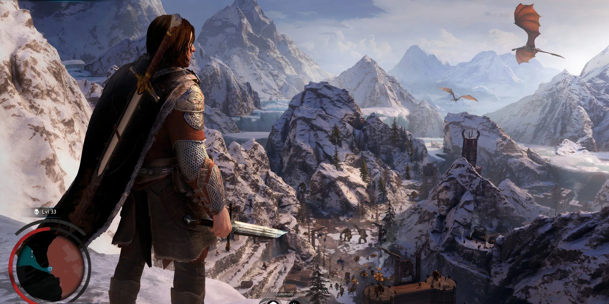 Nhân vật chính Middle Earth Shadow Of War đứng trên đồi dưới hai con rồng