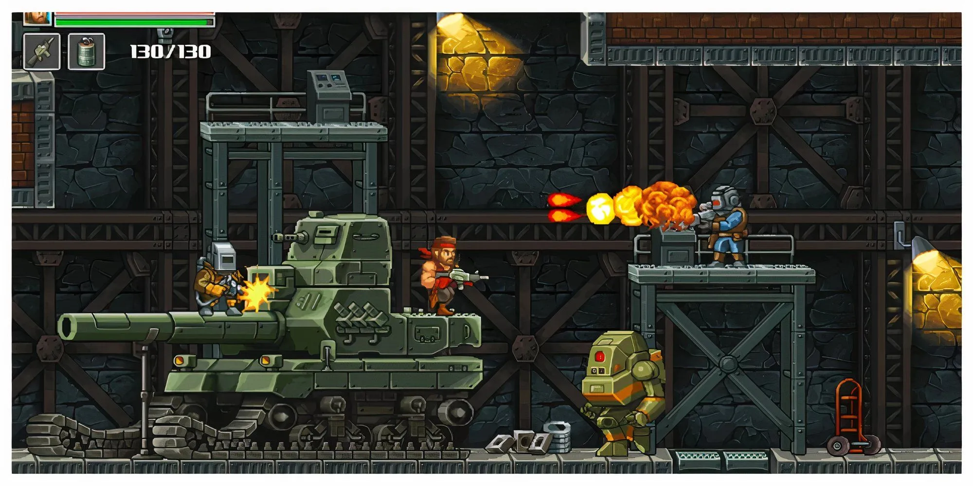 Nhân vật chính trong Guns of Fury chiến đấu trong môi trường hang động đầy kẻ địch