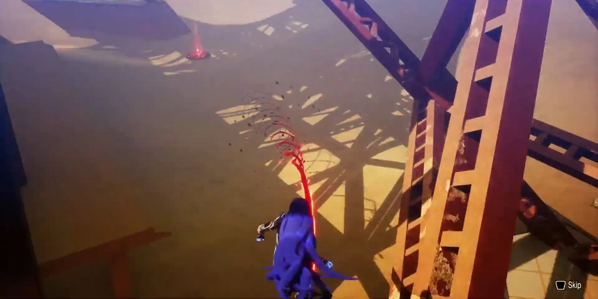 Nhân vật chính trượt trên Magatsu Rail màu tím, cơ chế di chuyển nhanh trong Shin Megami Tensei V: Vengeance