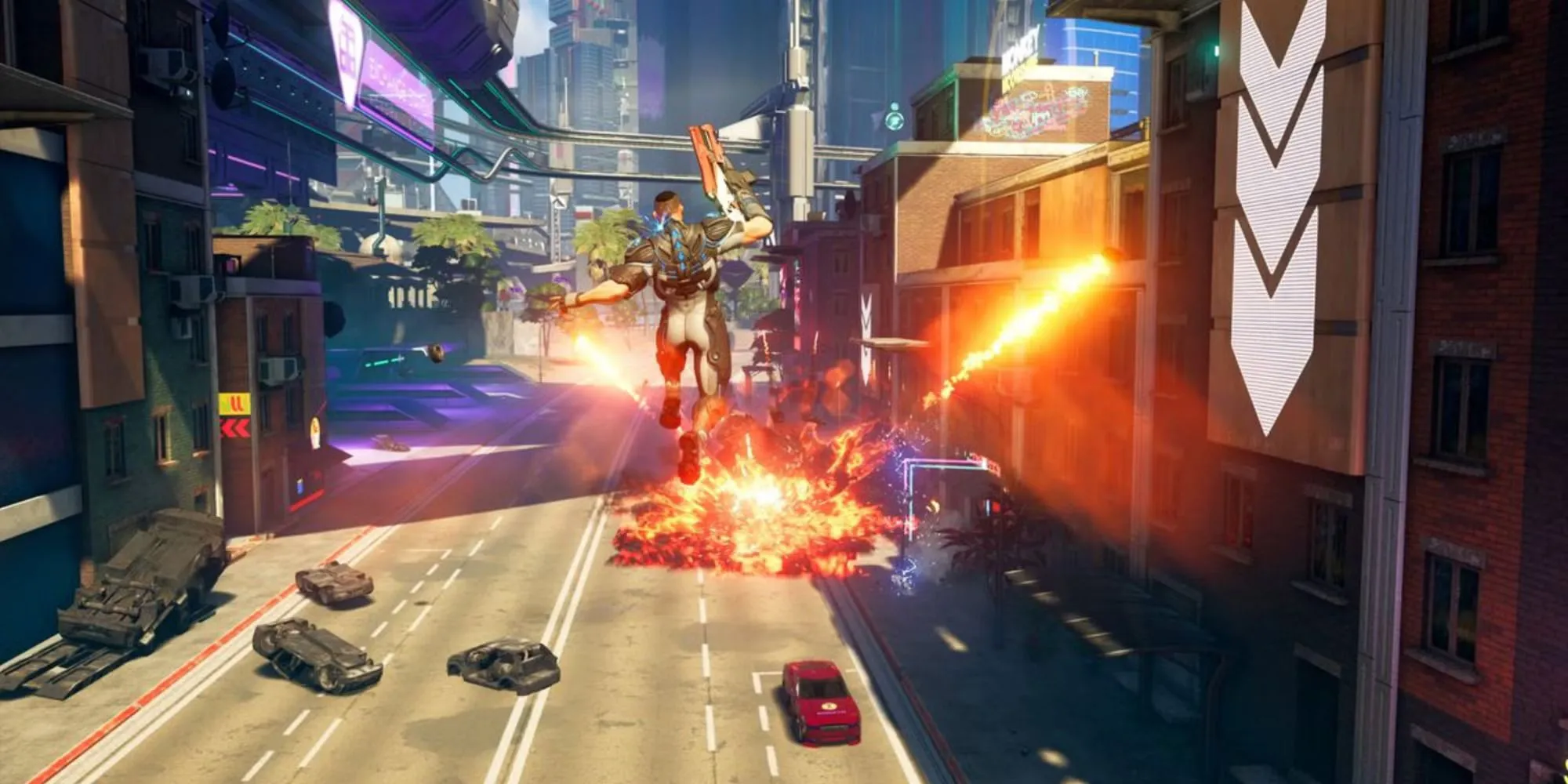 Nhân vật đang chạy nhảy trong thế giới mở của Crackdown 3 với hiệu ứng hình ảnh đặc trưng