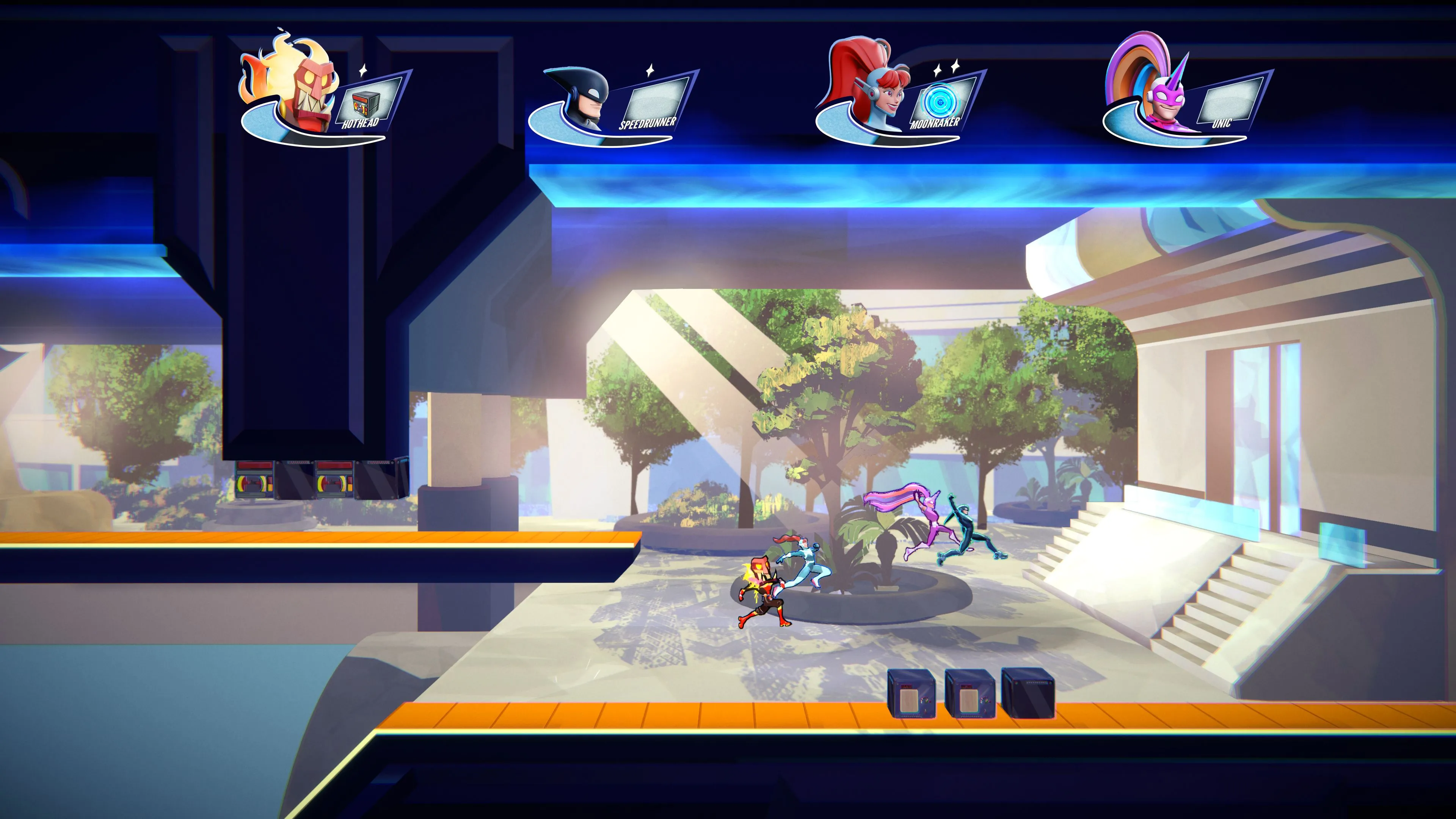Nhân vật di chuyển tốc độ cao qua các chướng ngại vật trong SpeedRunners 2: King Of Speed