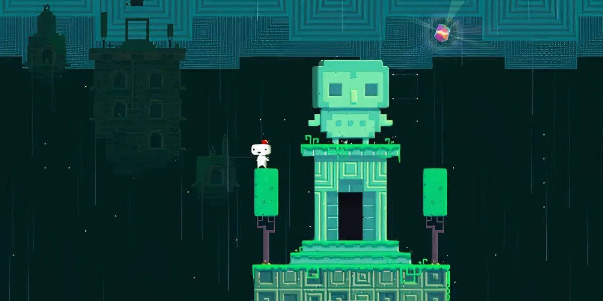 Nhân vật Fez màu trắng đội mũ đỏ đứng trước bức tượng xanh khổng lồ trong cảnh game Fez