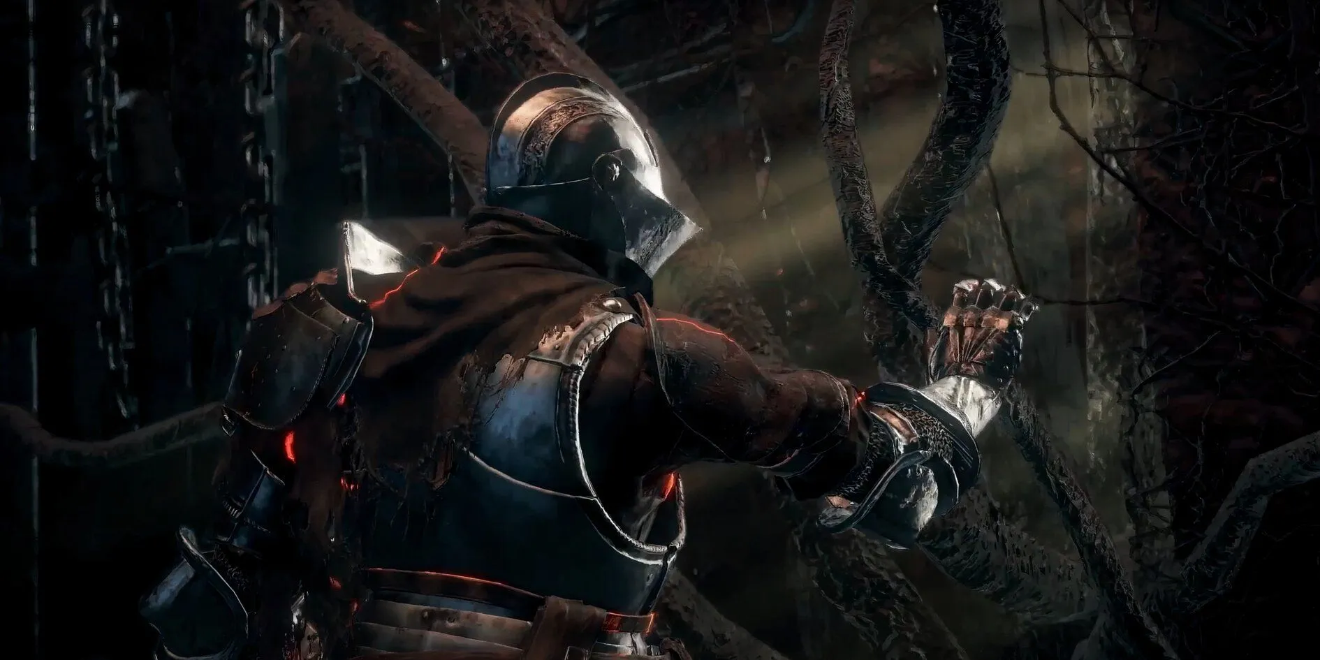 Nhân vật hiệp sĩ trong bộ giáp ngồi cạnh gốc cây mục nát trong game Dark Souls 3, bối cảnh fantasy tàn lụi