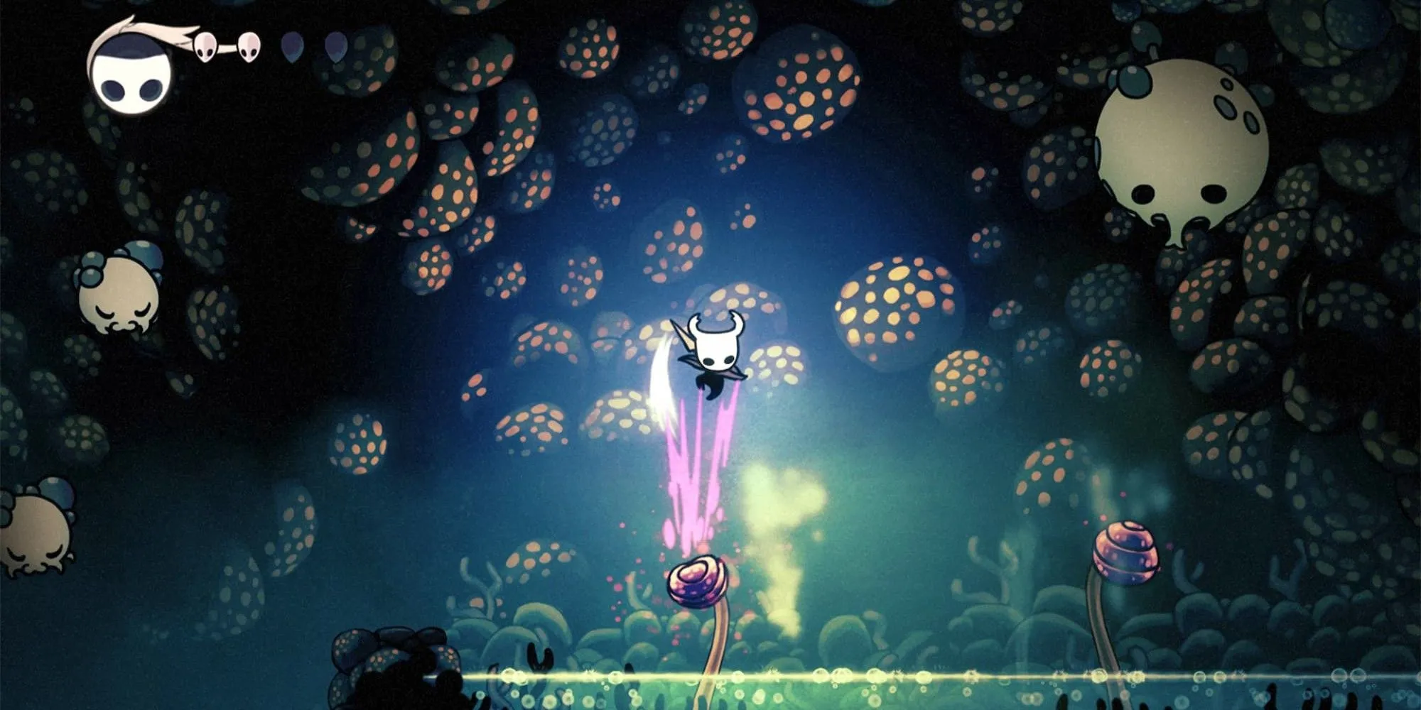 Nhân vật Hollow Knight đang nhảy trên một cái cây