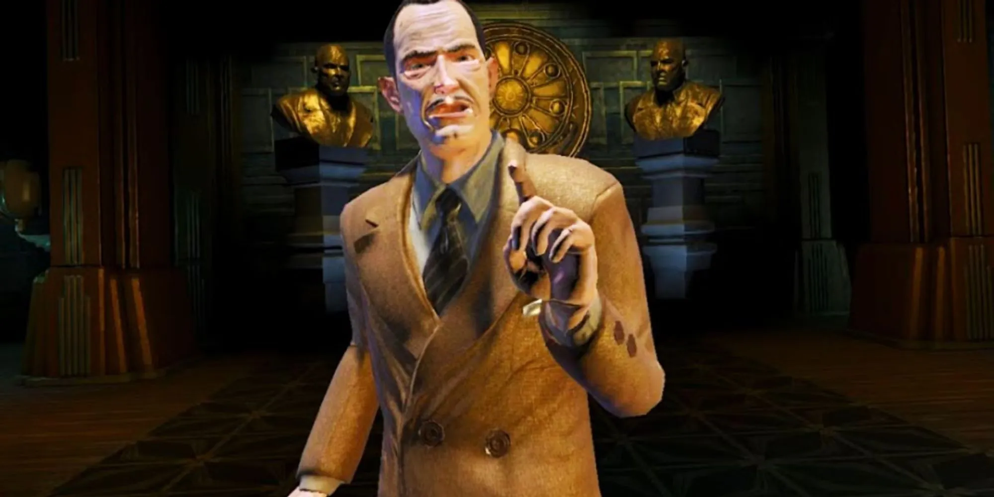 Nhân vật Jack nhìn Andrew Ryan trong bối cảnh kiến trúc Art Deco dưới nước của Rapture trong BioShock