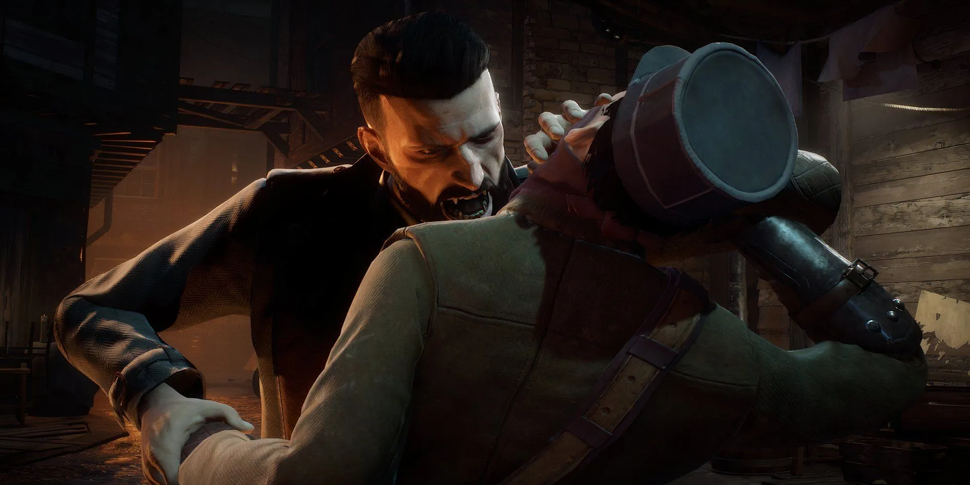 Nhân vật ma cà rồng trong game Vampyr đang hút máu người, thể hiện yếu tố siêu nhiên trong bối cảnh London giả tưởng thấp
