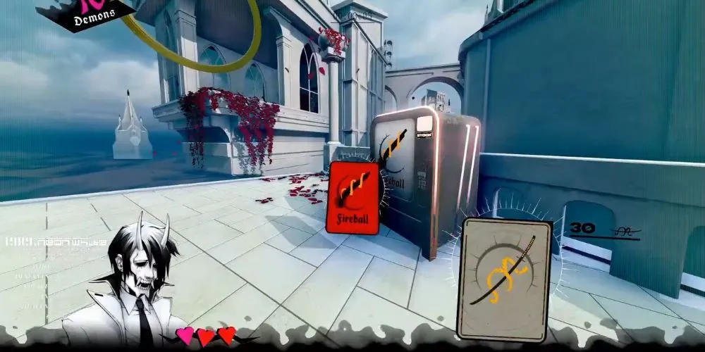 Nhân vật Neon White tìm thấy thẻ bài kỹ năng Fireball từ máy bán hàng tự động