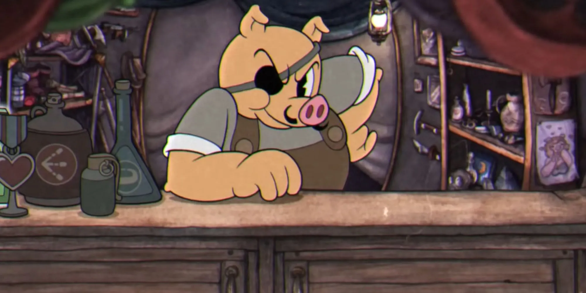 Nhân vật Porkrind, một chú lợn to lớn với vẻ ngoài dữ tợn, đứng sau quầy hàng trong Cuphead