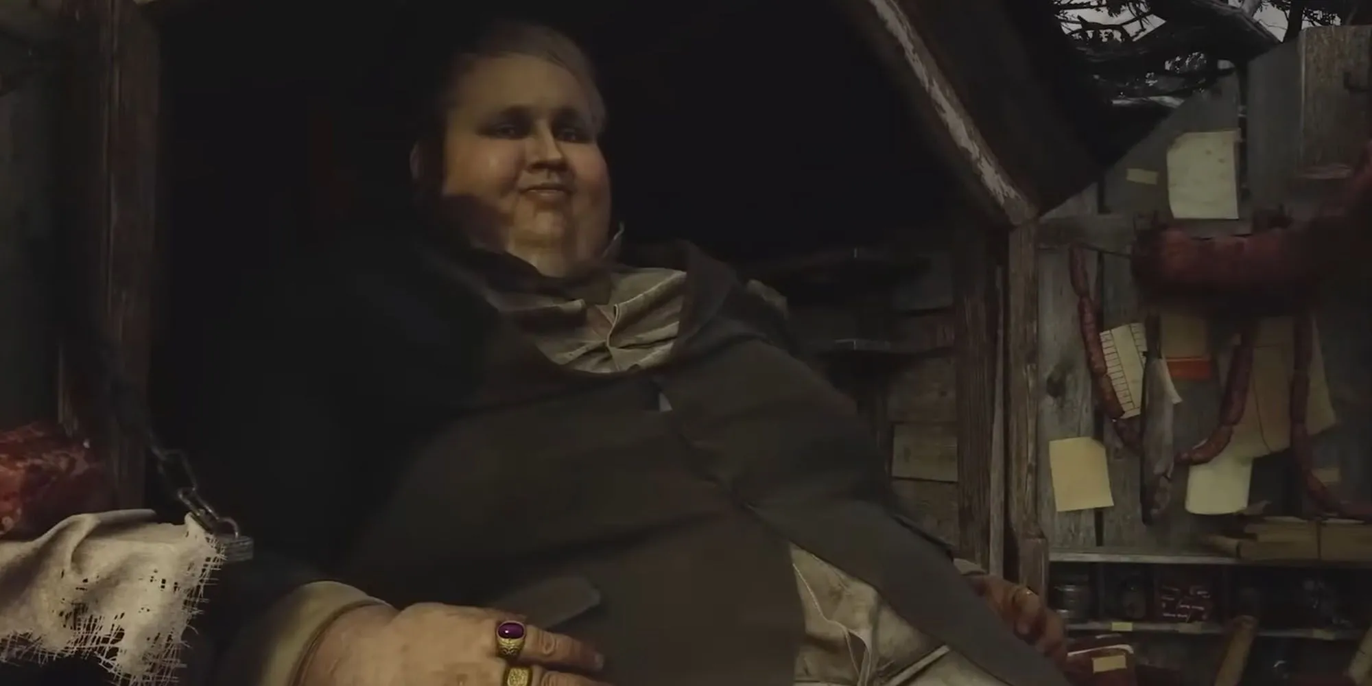Nhân vật The Duke, một người bán hàng béo tốt với vẻ mặt tươi cười, trong Resident Evil Village