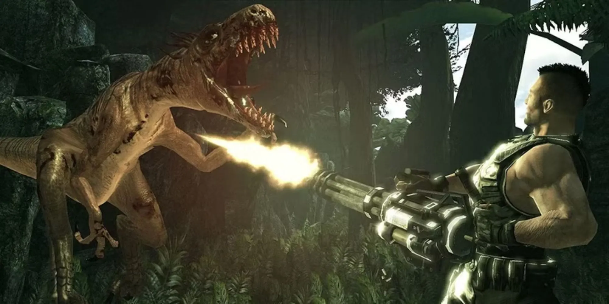 Nhân vật Turok đối đầu khủng long trong game Turok 2008