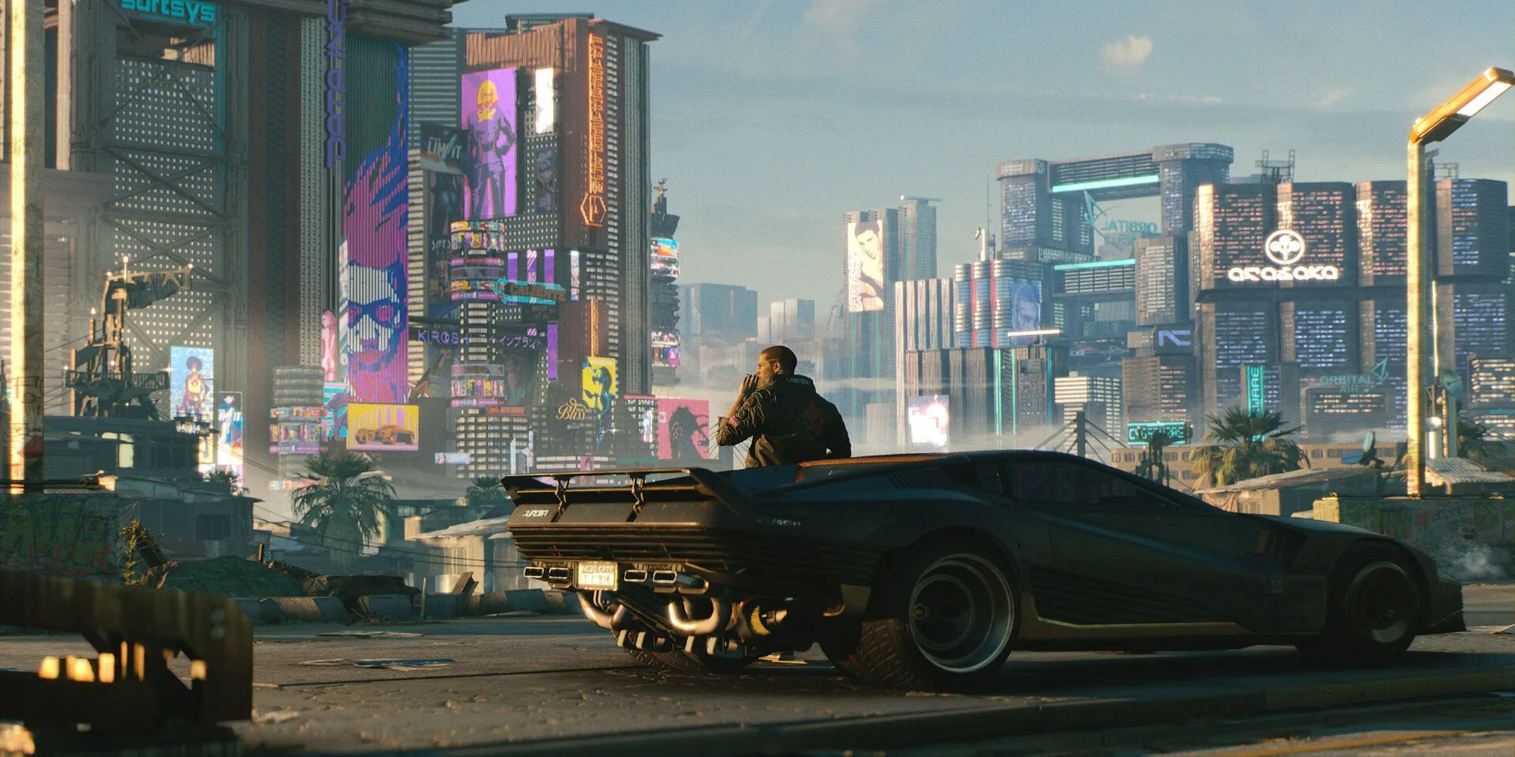 Nhân vật V và chiếc xe trước khung cảnh thành phố Night City trong Cyberpunk 2077