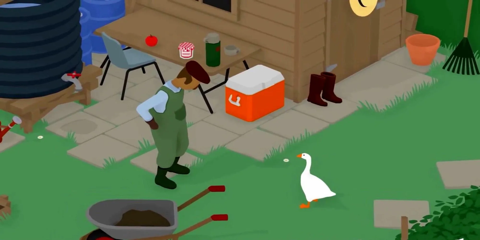 Nông dân và ngỗng đối mặt trong một cảnh gây rối của Untitled Goose Game