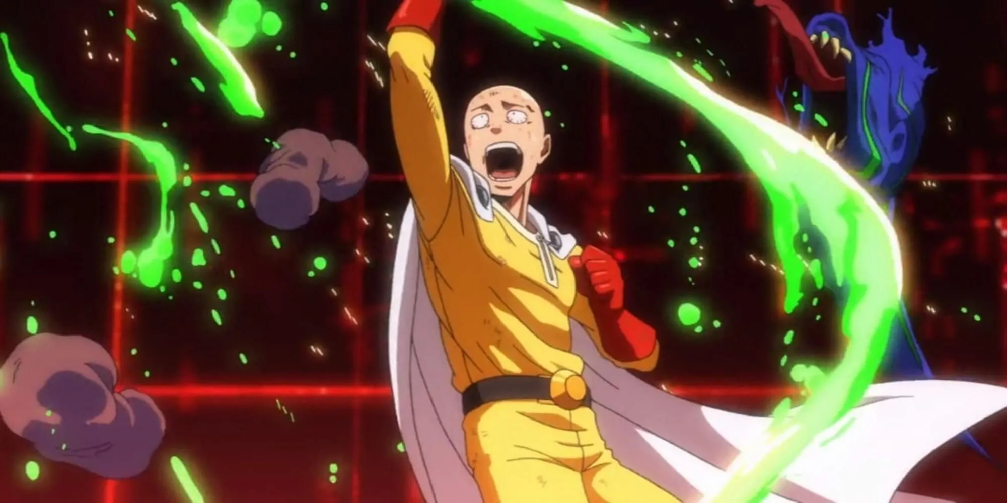 One-Punch Man: Saitama mouth and eyes wide, neon green slime around him, red grid background