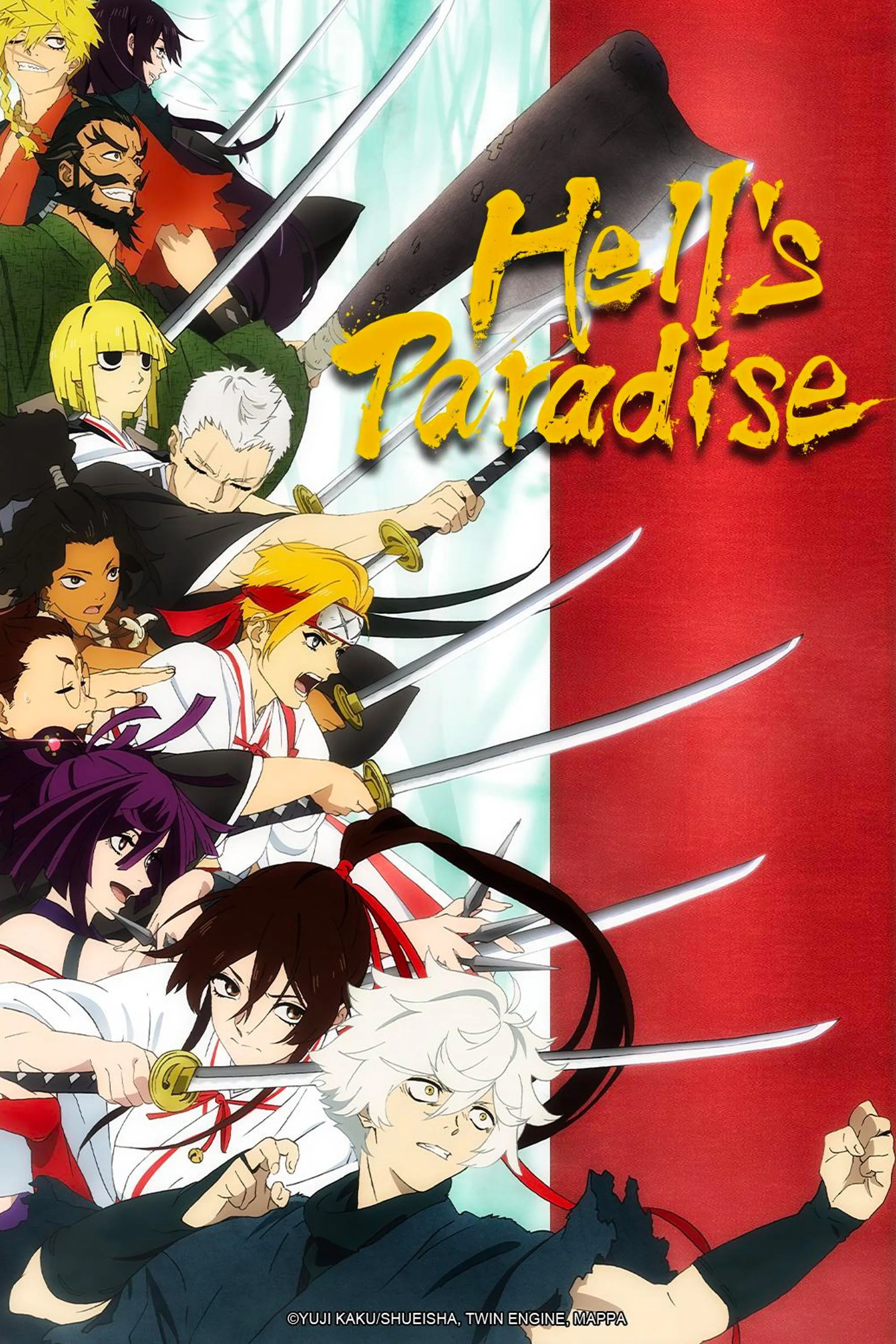 Poster anime Hell's Paradise: Jigokuraku với các nhân vật chính trên hòn đảo kỳ lạ