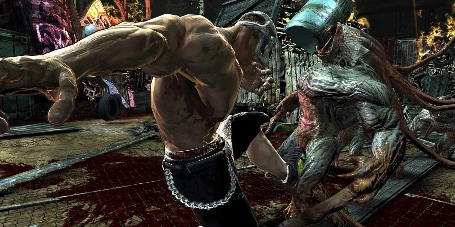 Rick đá kẻ thù trong Splatterhouse 2010, thể hiện phong cách hành động bạo lực
