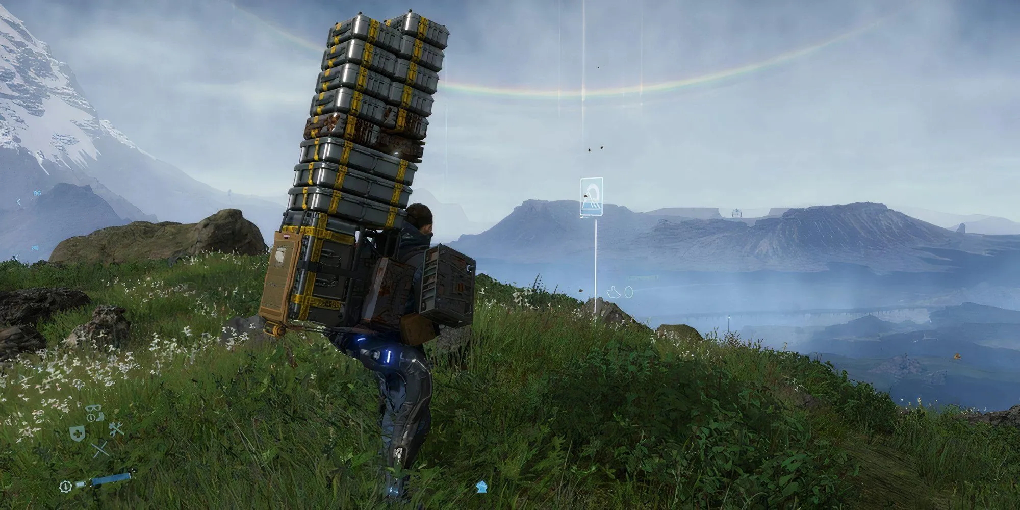 Sam Bridges đang cõng hàng hóa trong bối cảnh môi trường hoang sơ, biểu tượng của lối chơi Death Stranding