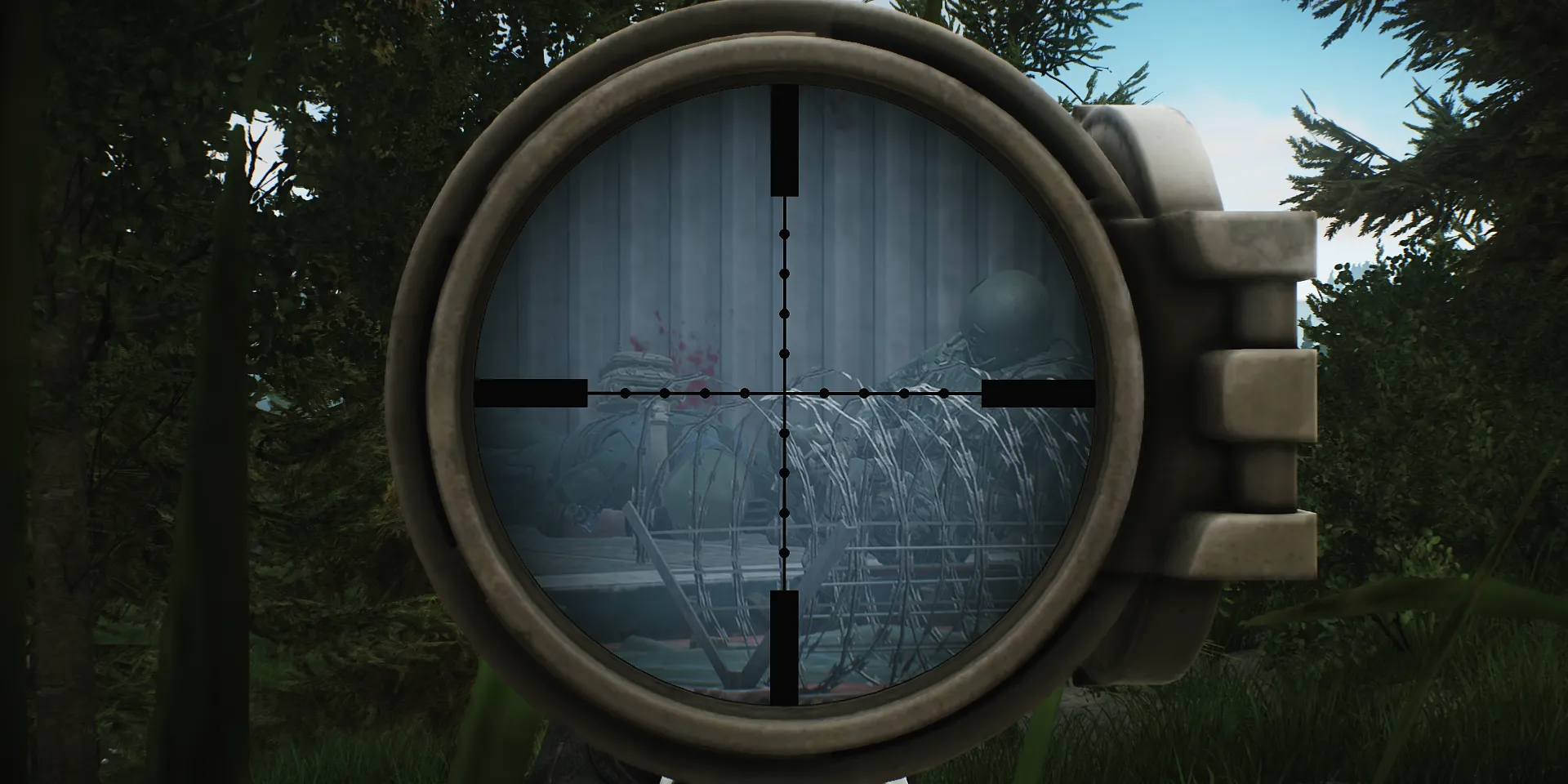 Screenshot gameplay từ Escape From Tarkov, game bắn súng sinh tồn thực tế, thể hiện góc nhìn qua ống ngắm khi hoạt động trên bản đồ Woods.