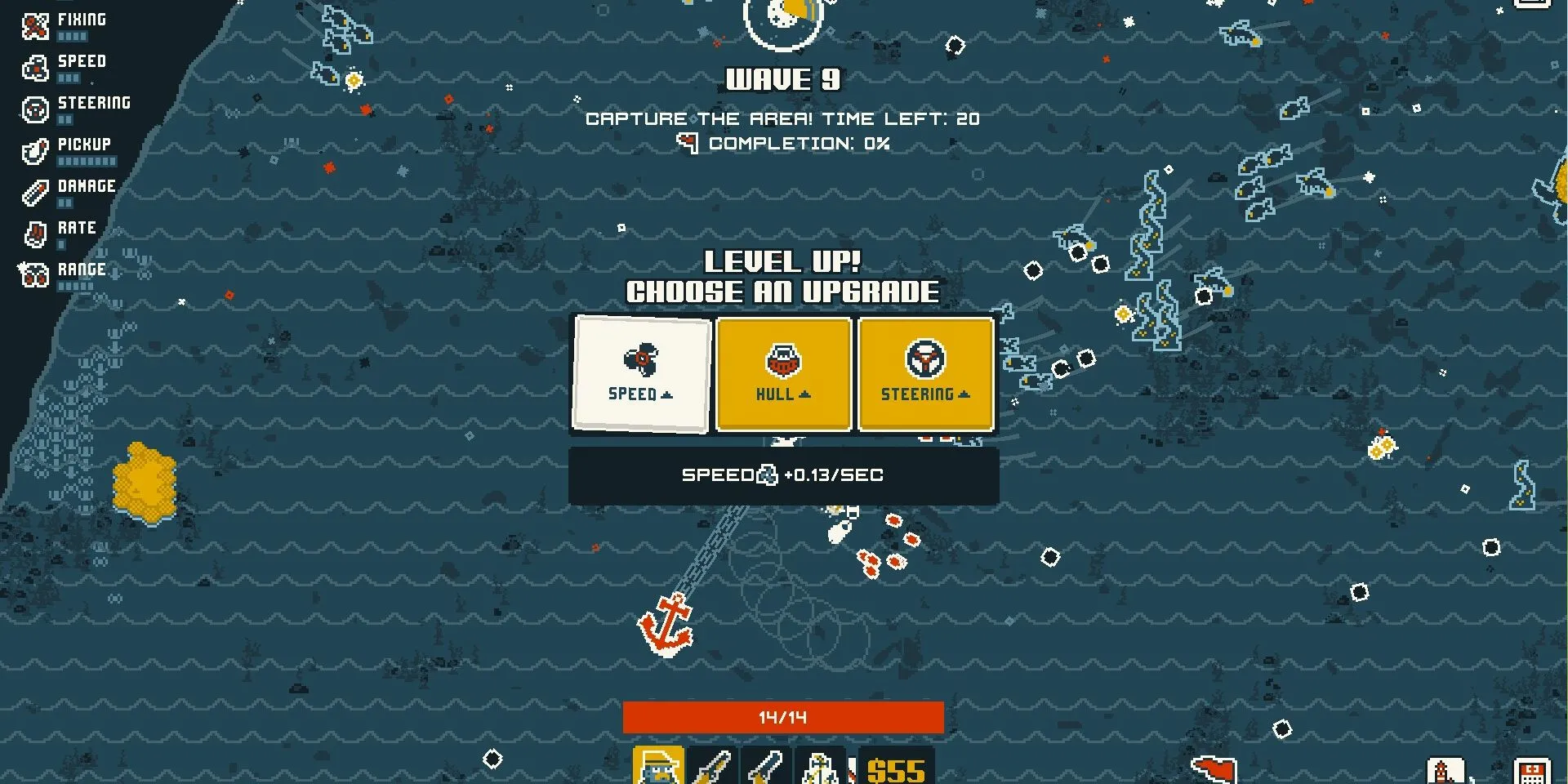 Screenshot giao diện nâng cấp trong demo Nautical Survival, người chơi cải thiện chỉ số tàu