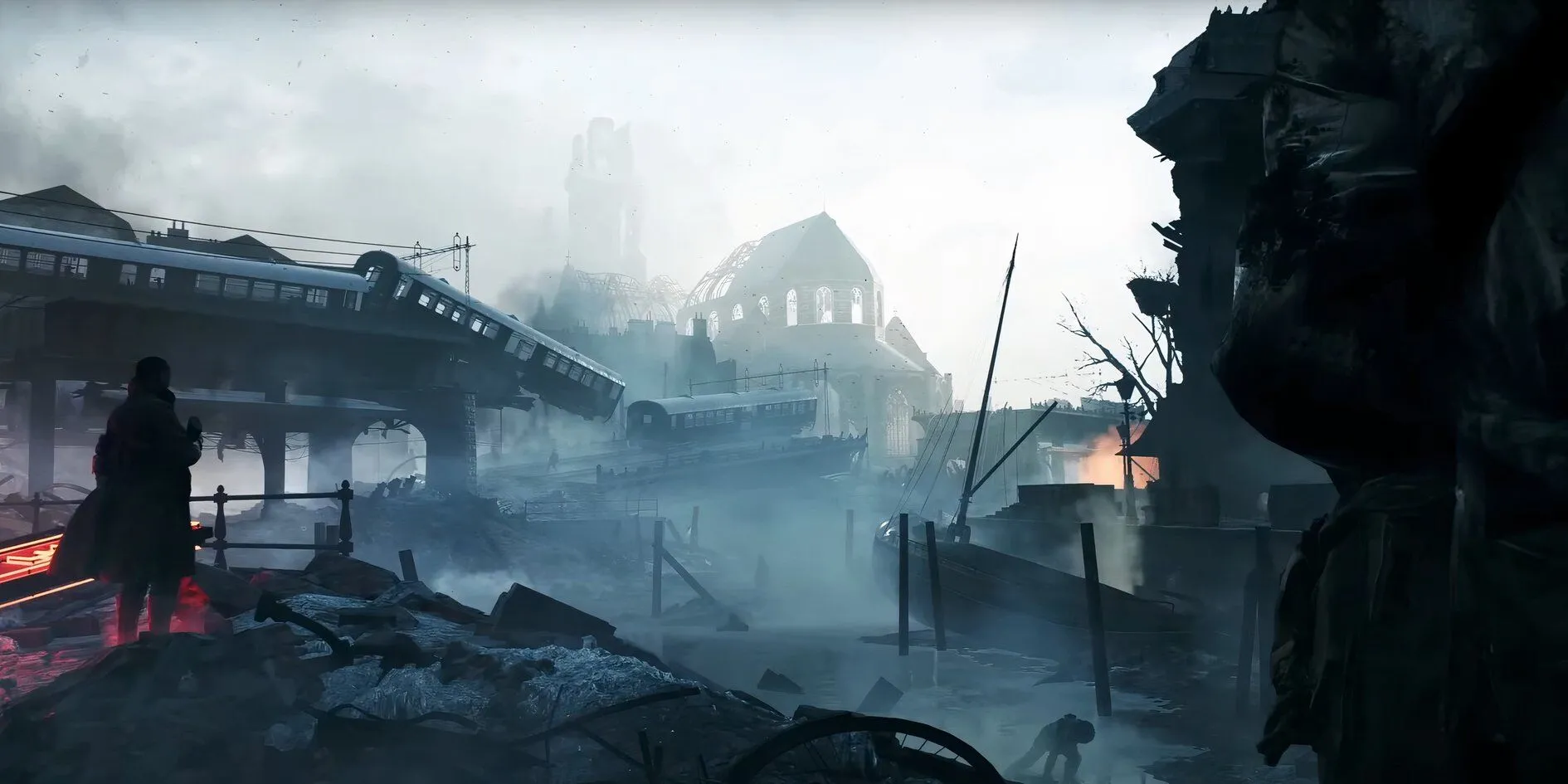 Screenshot từ trailer chính thức của Battlefield 5, một game FPS bối cảnh Thế chiến 2, thể hiện cảnh quan chiến trường bị tàn phá.
