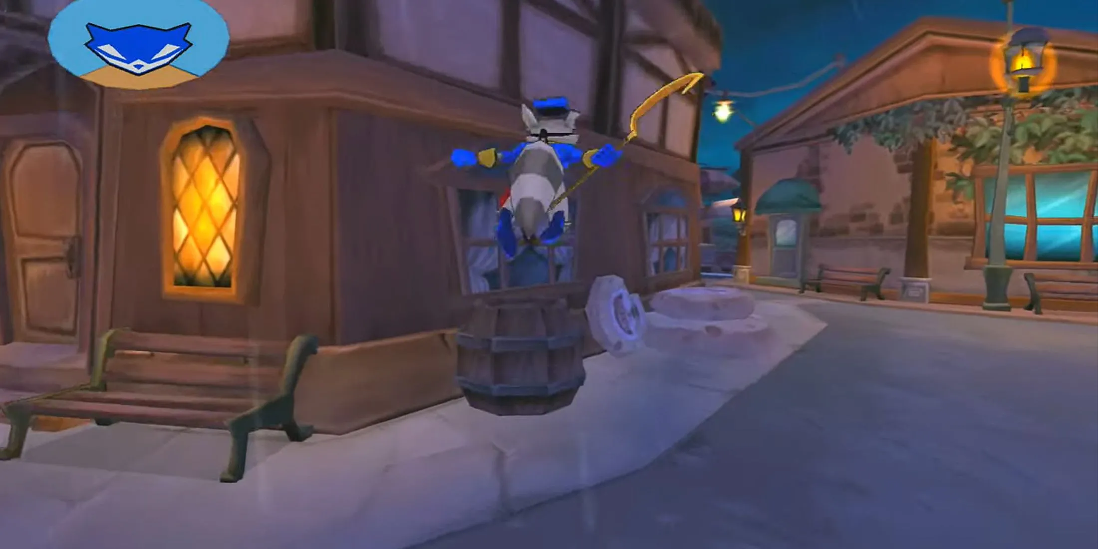 Sly Cooper nhảy qua nóc nhà trong Sly 3 Honor Among Thieves