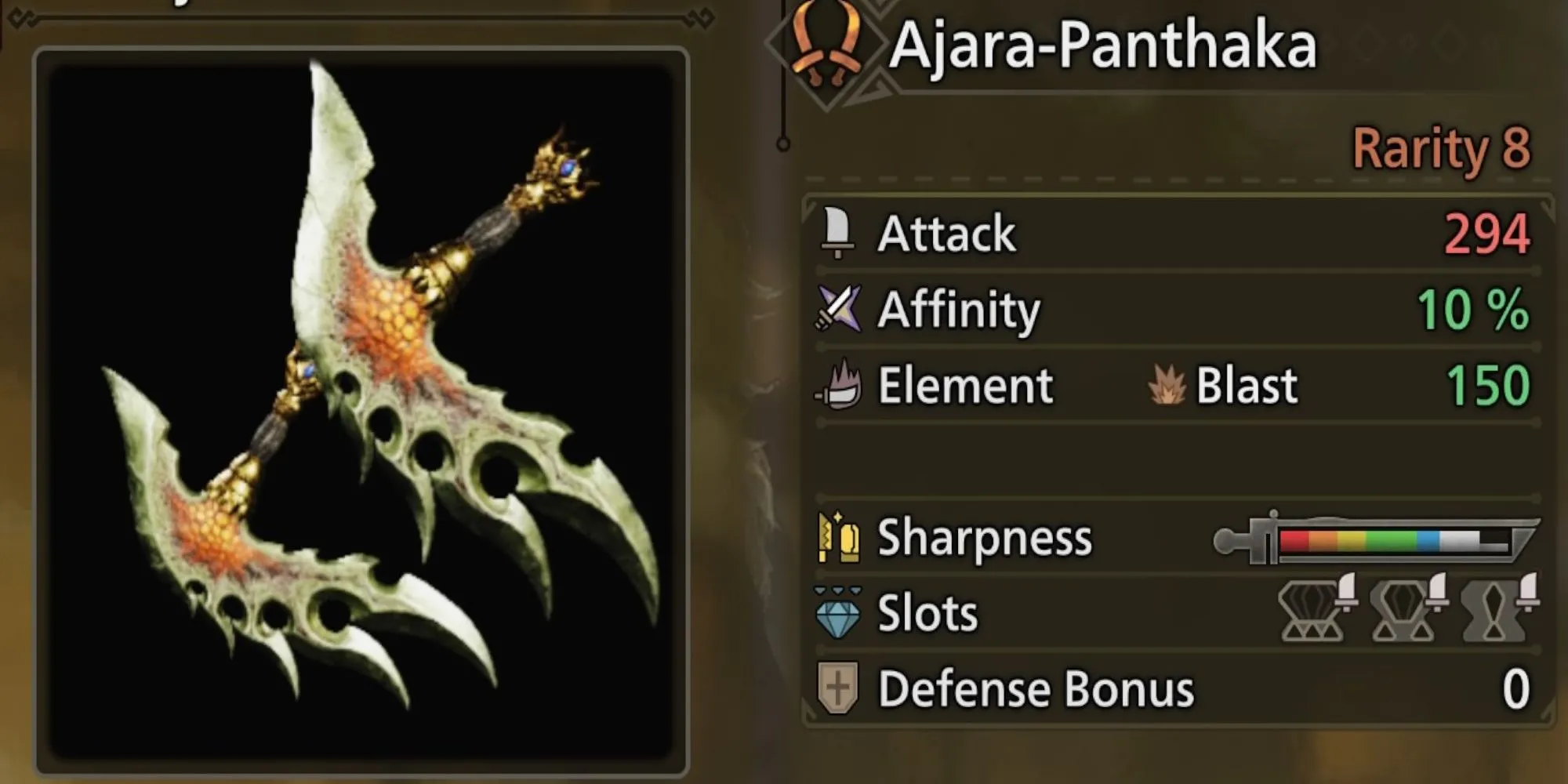 Song Kiếm Ajara-Panthaka với hiệu ứng Bộc phát, vũ khí từ quái vật Ajarakan trong Monster Hunter Wilds