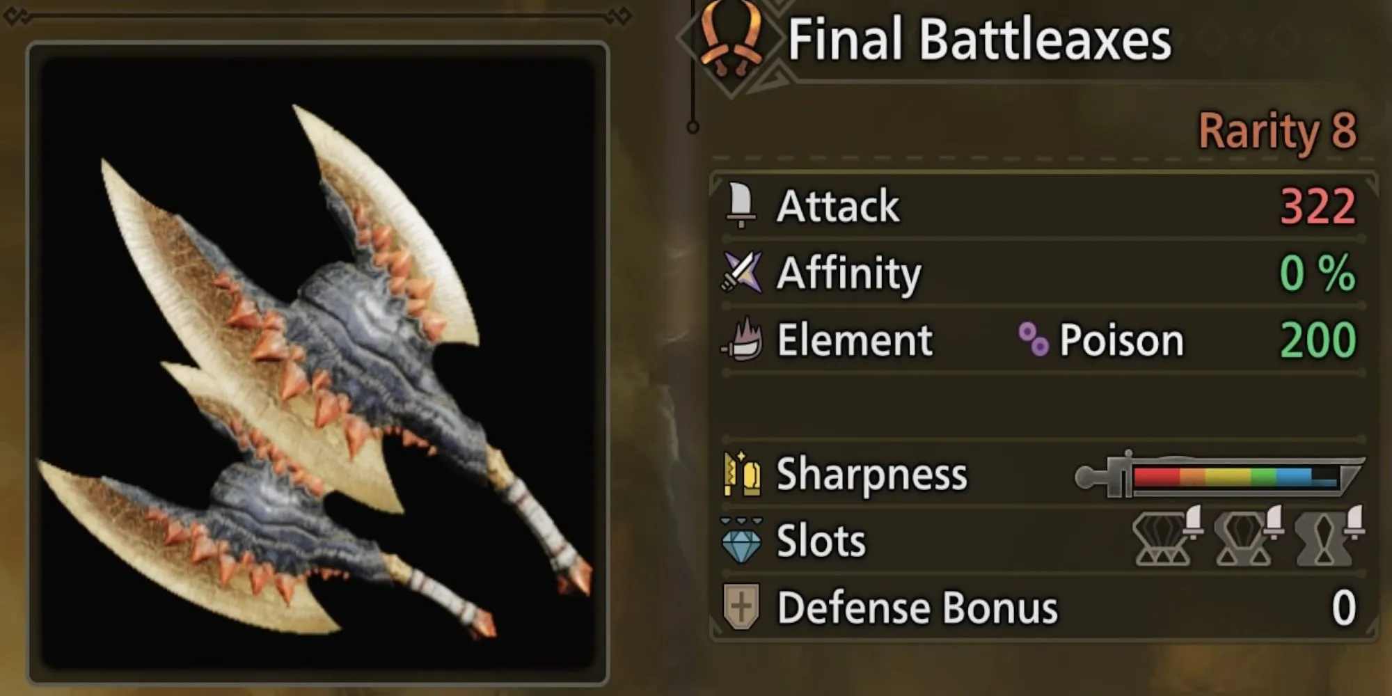 Song Kiếm Final Battleaxes với hiệu ứng Trúng độc, vũ khí từ quái vật Gypceros trong Monster Hunter Wilds