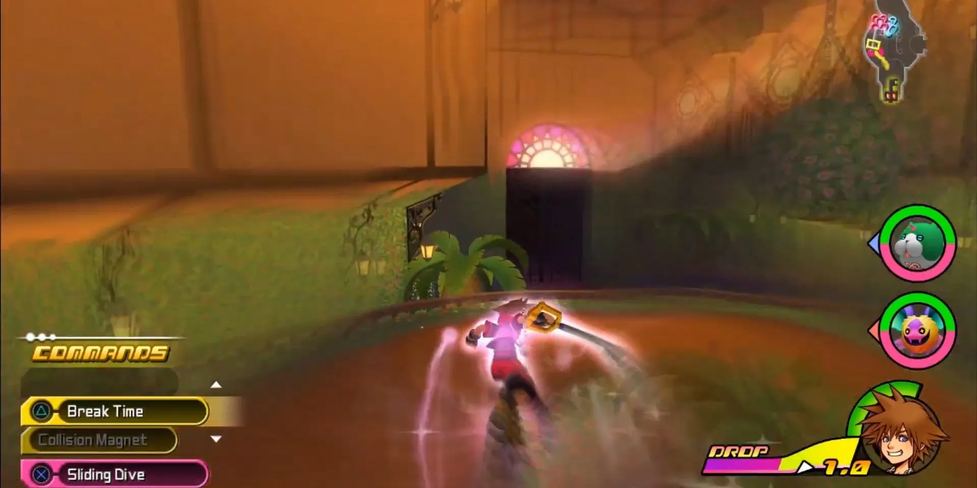 Sora sử dụng cơ chế Flowmotion trượt trên đường ray trong Kingdom Hearts 3D