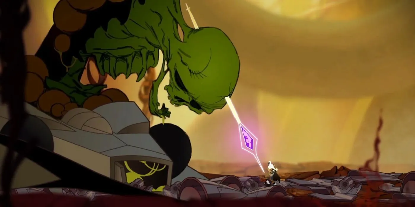 Sundered: Ảnh chụp màn hình cho thấy nhân vật chính đối đầu với một con boss bộ xương khổng lồ