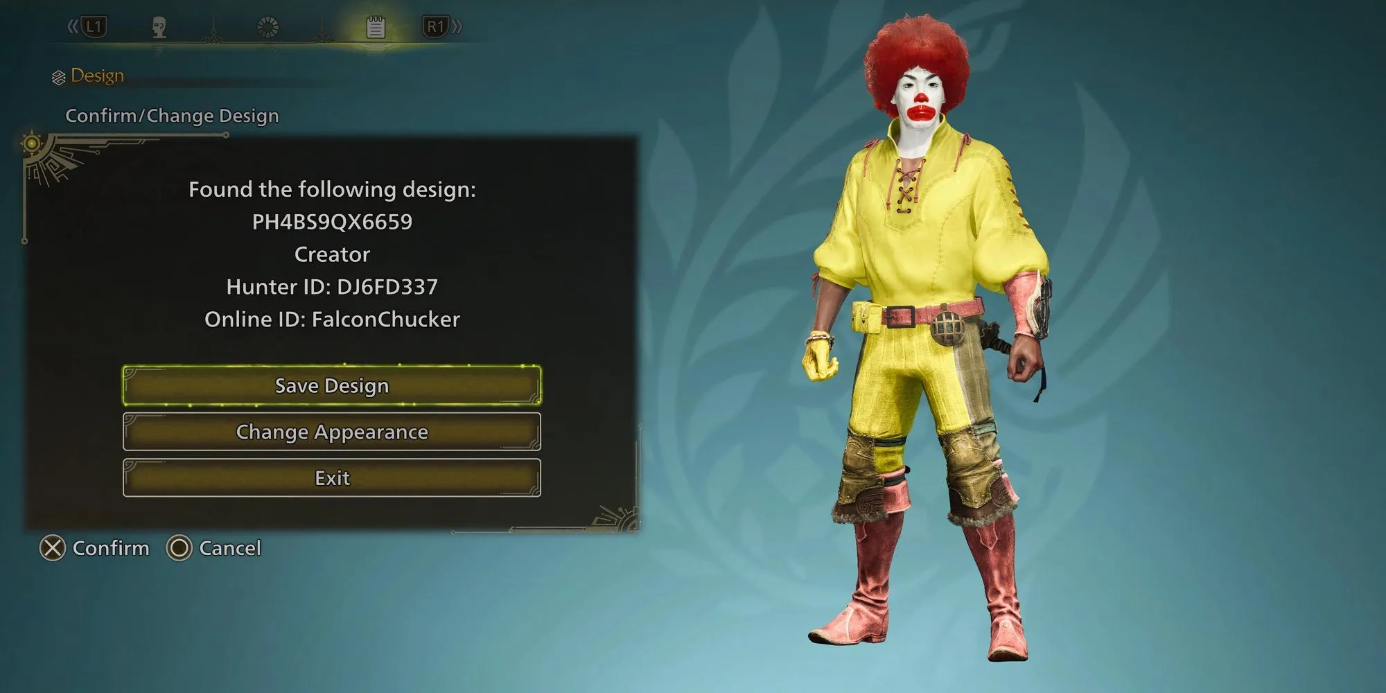 Tạo hình chú hề Ronald McDonald trong Monster Hunter Wilds qua mã chia sẻ