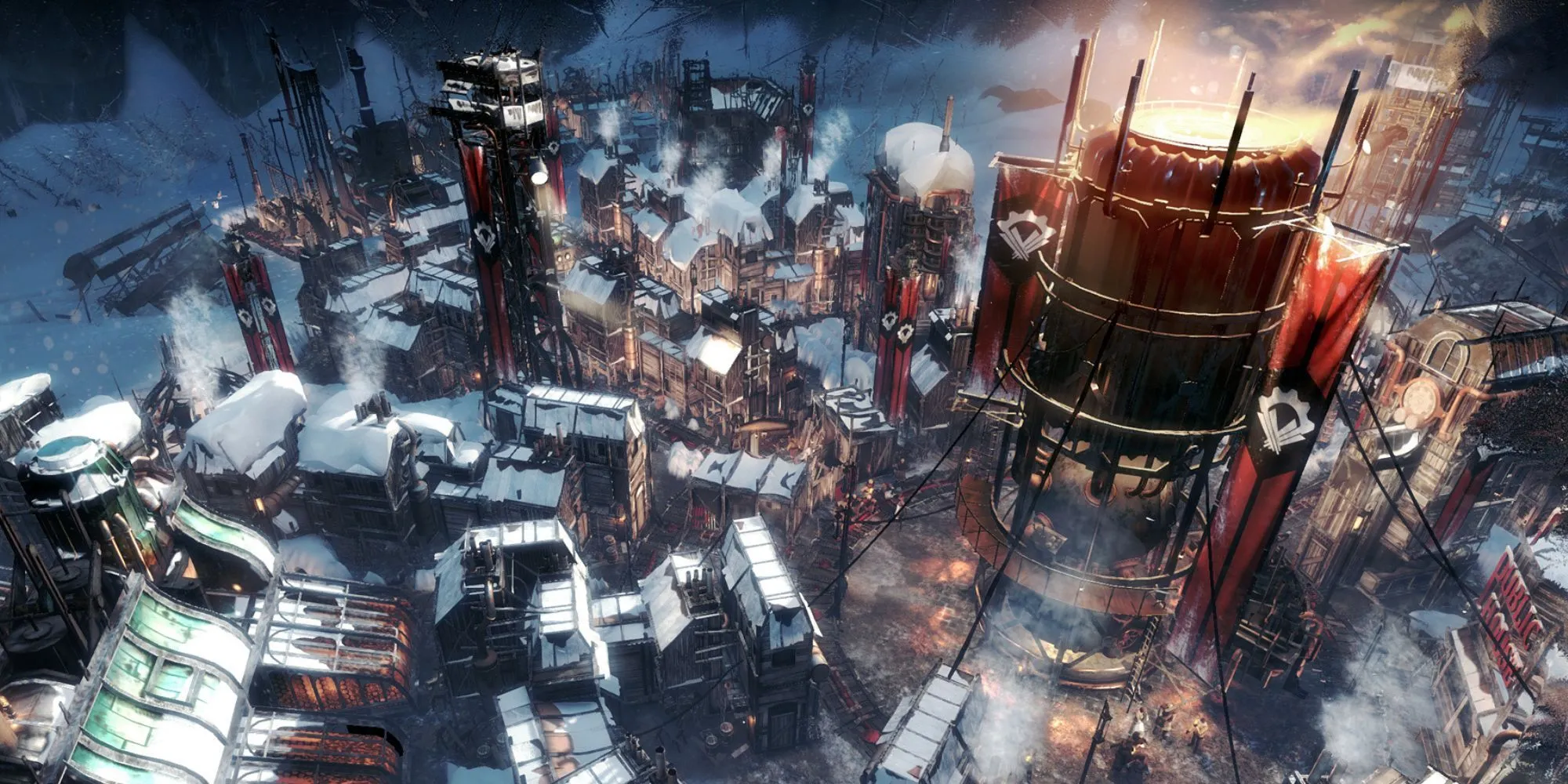 Thành phố bao quanh máy phát điện trong bão tuyết của Frostpunk, biểu tượng cho sự sinh tồn khắc nghiệt và quản lý tài nguyên trong môi trường cực đoan