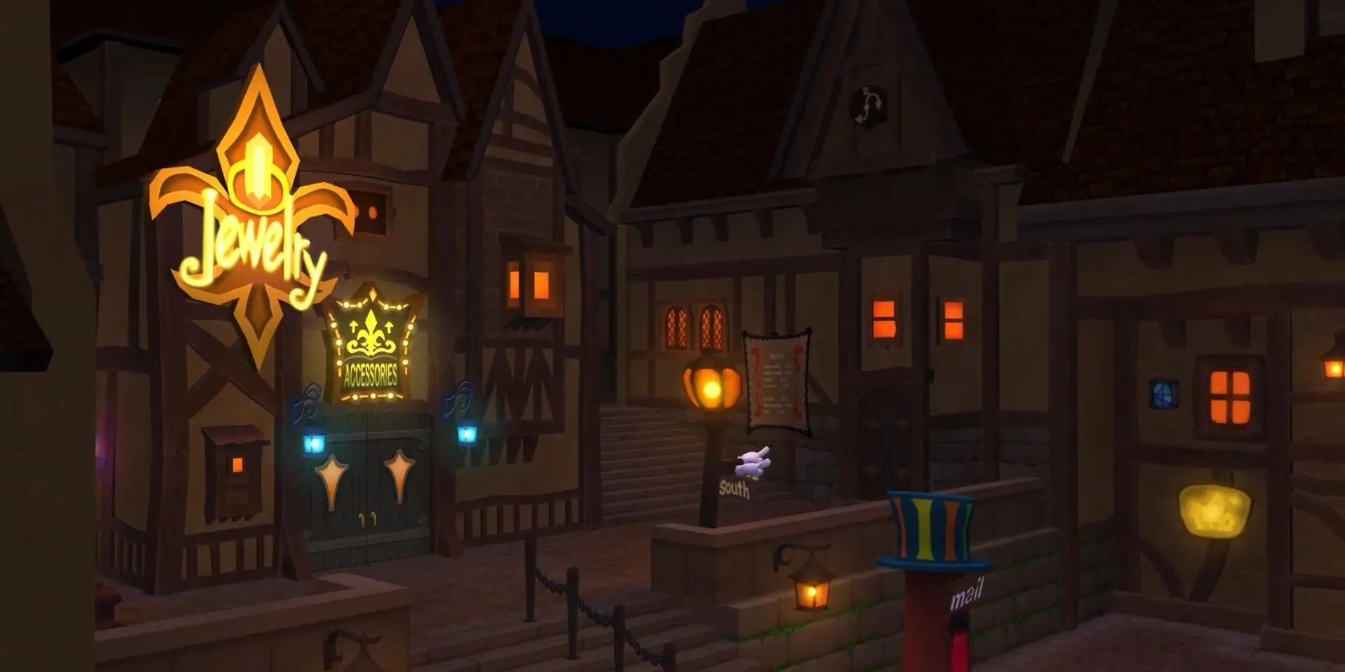 Thành phố Traverse Town trong Kingdom Hearts với ánh đèn neon lấp lánh