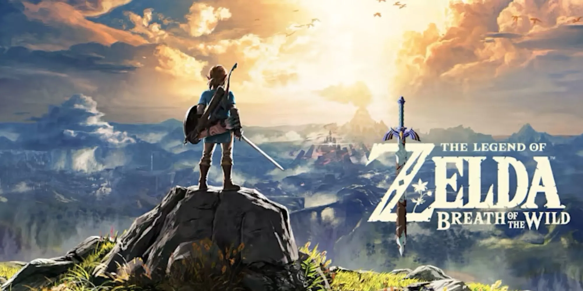 The Legend of Zelda Breath of the Wild cover art với Link trên đỉnh núi nhìn ra thế giới mở rộng lớn của Hyrule