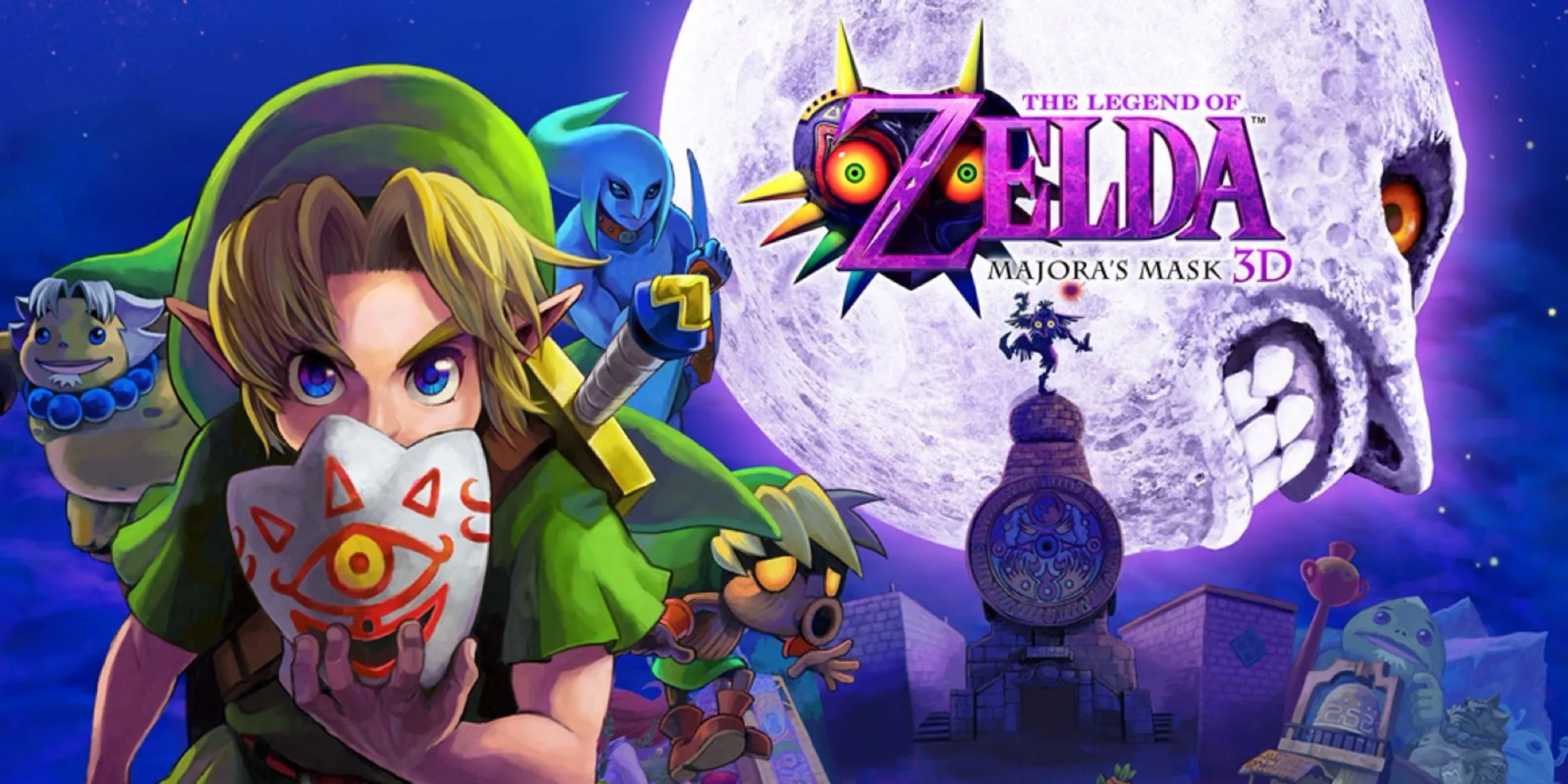 The Legend of Zelda Majora's Mask cover art với Link và Mặt Trăng đáng sợ