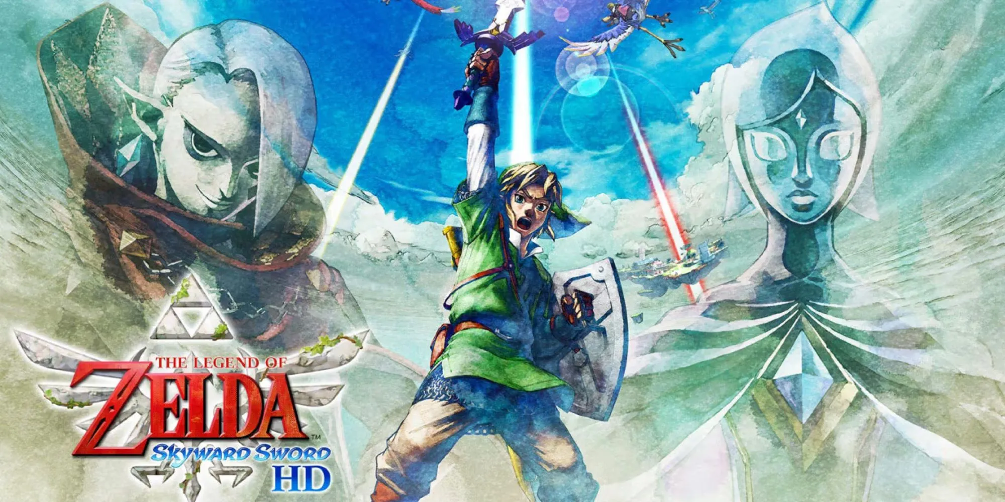 The Legend of Zelda Skyward Sword cover art với Link và Fi trên bầu trời
