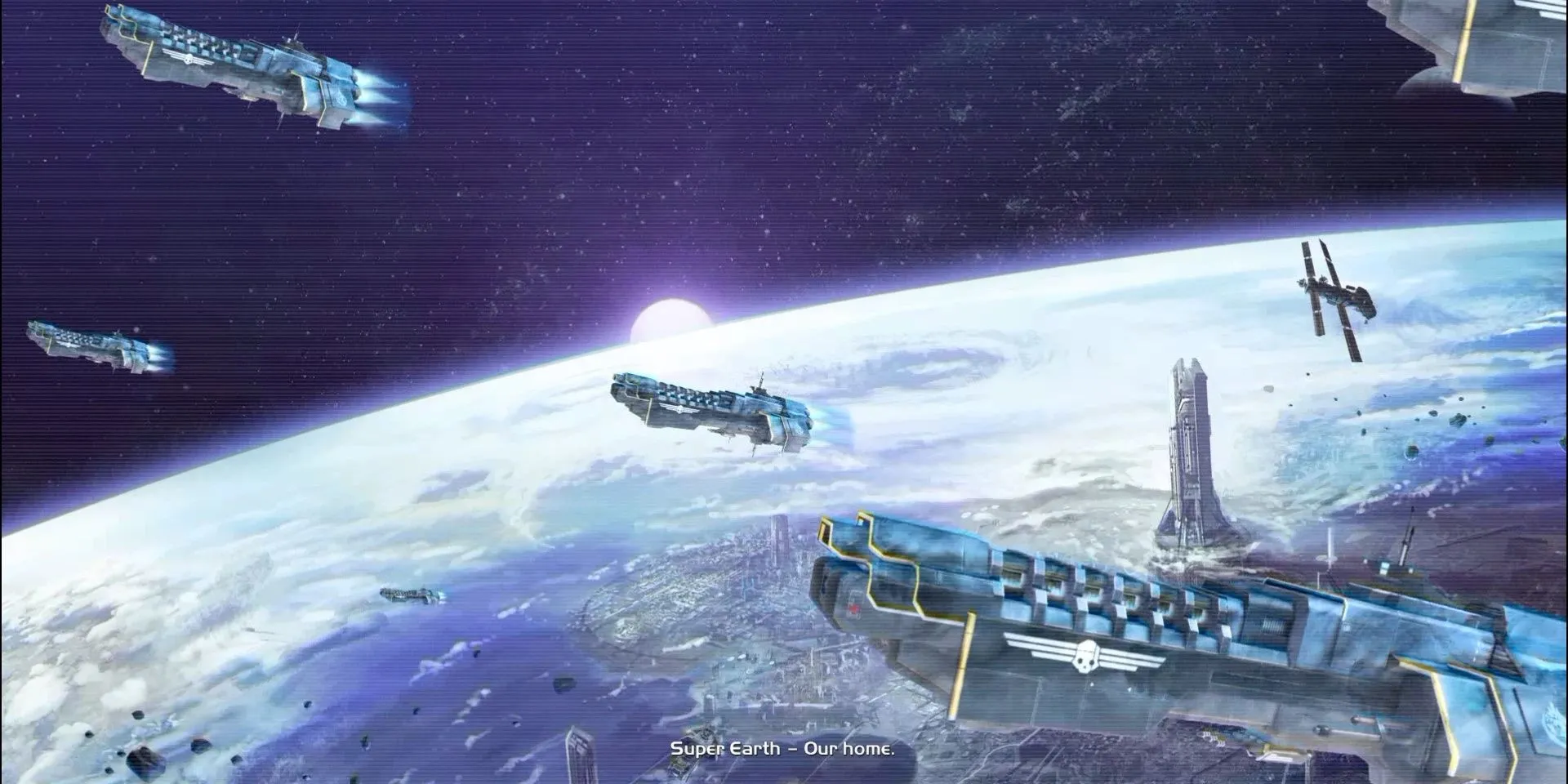 Toàn cảnh Super Earth trong Helldivers, một hành tinh xanh với các lục địa và đám mây