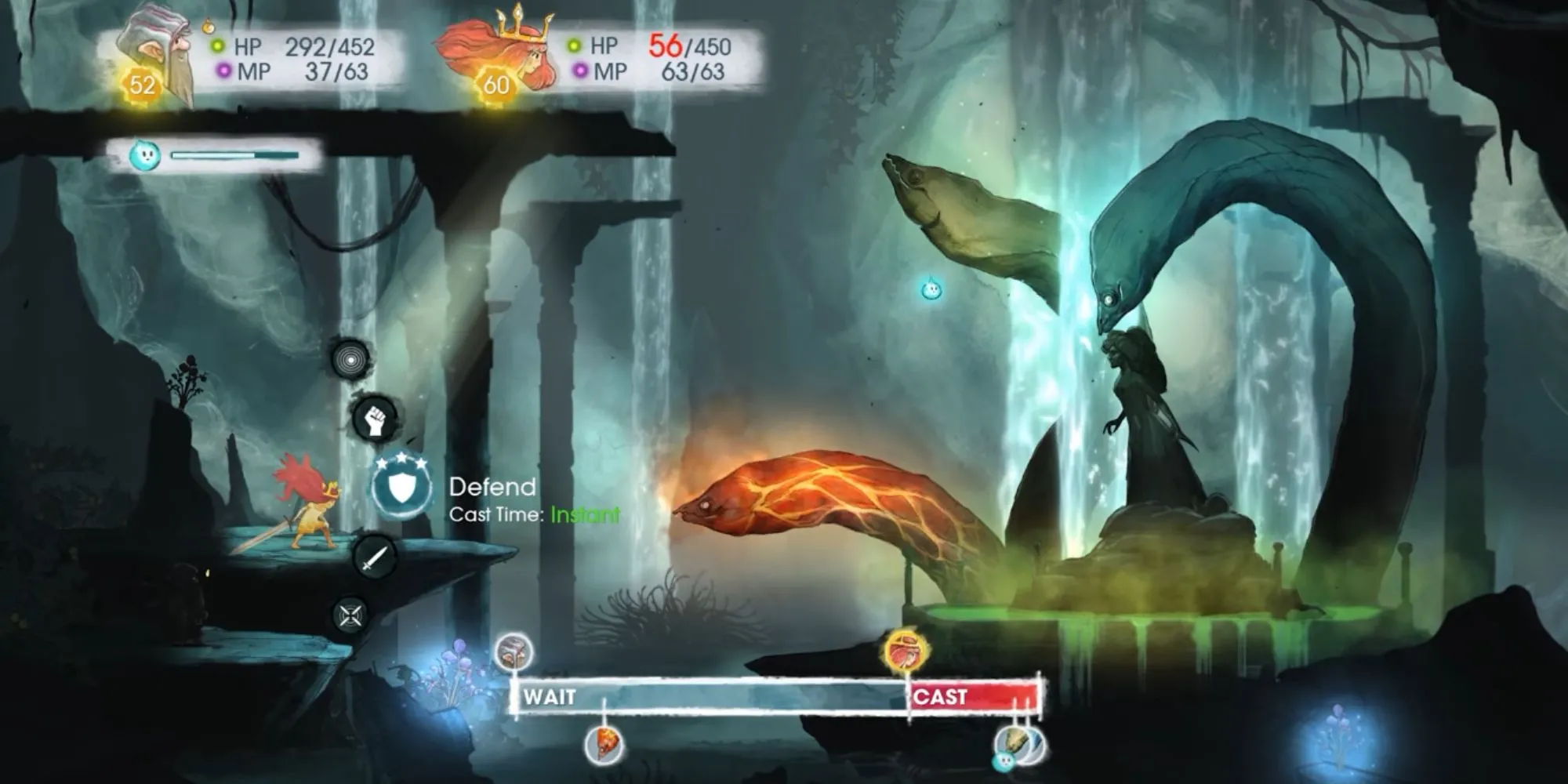 Trận chiến theo lượt trong Child of Light, hiển thị thanh hành động (Wait/Cast) và nhân vật Igniculus hỗ trợ