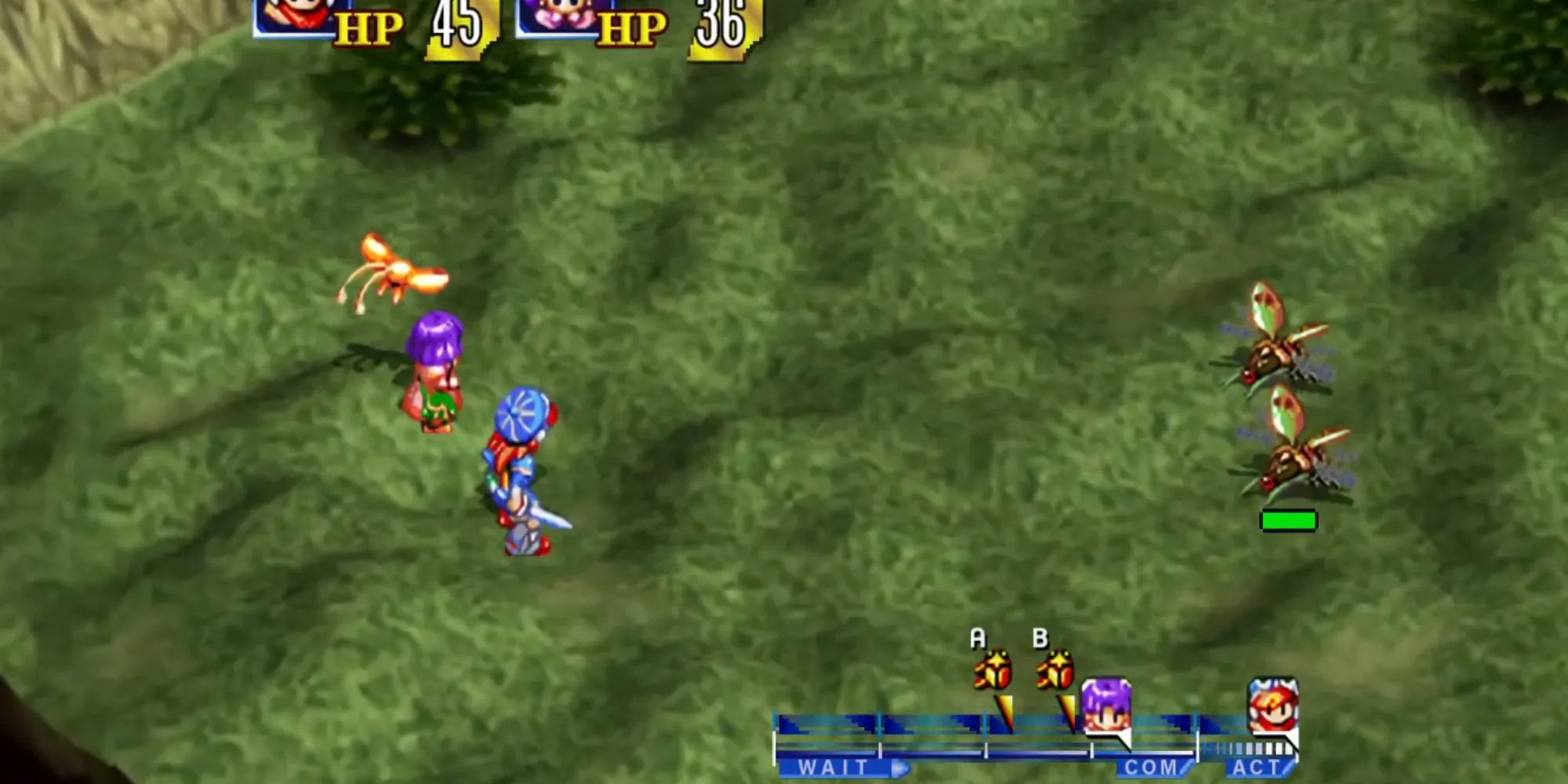 Trận chiến trong game JRPG cổ điển Grandia, hiển thị thanh Initiative Bar và các nhân vật đang chuẩn bị hành động